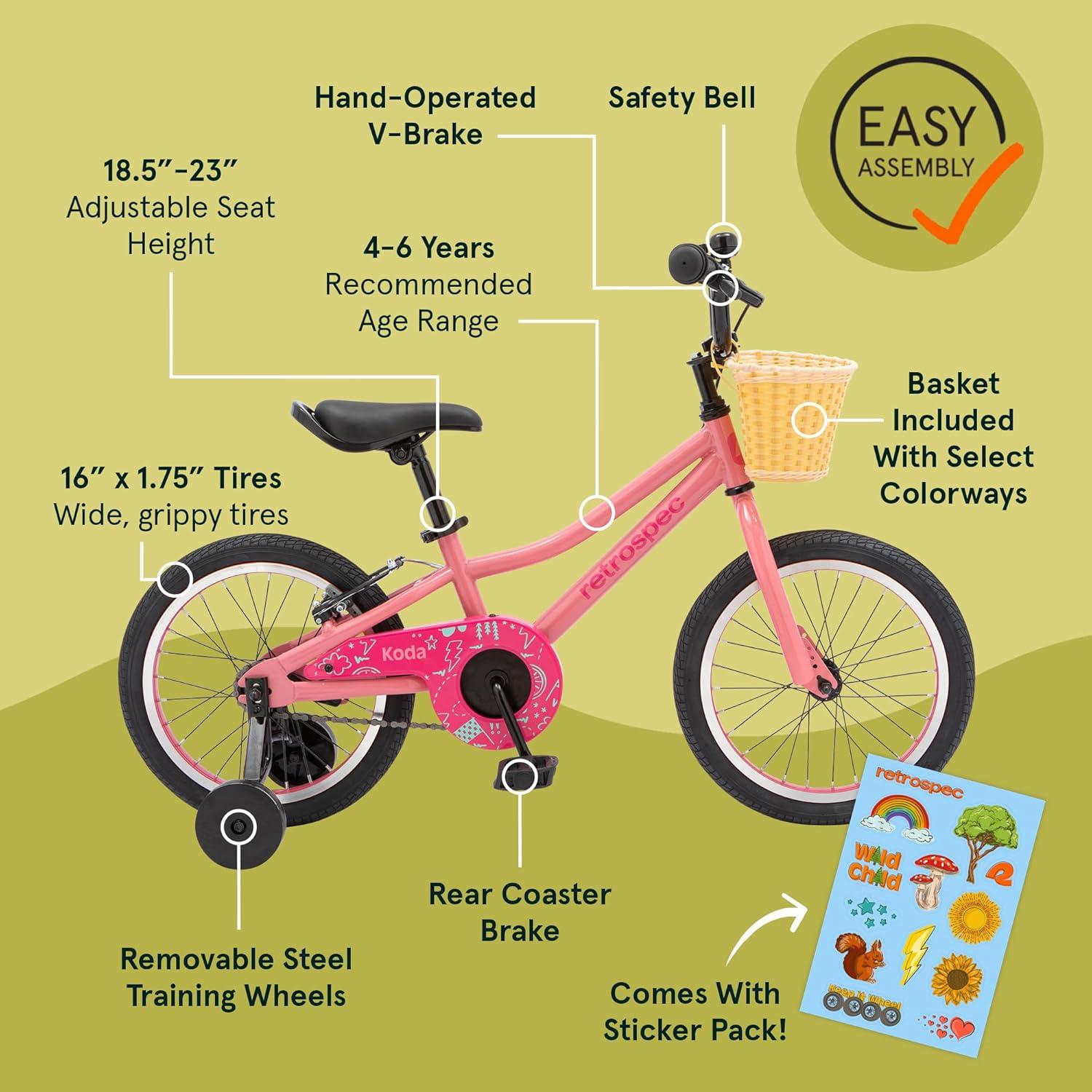 Retrospec Koda Plus Kids Bike for Boys & Girls Ages 4-6 Years – 16″ Children’s Bicycle, Adjustable Seat & Handlebars(Cotton Candy)