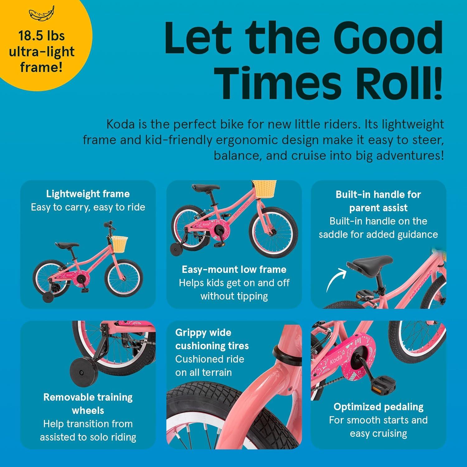 Retrospec Koda Plus Kids Bike for Boys & Girls Ages 4-6 Years – 16″ Children’s Bicycle, Adjustable Seat & Handlebars(Cotton Candy)