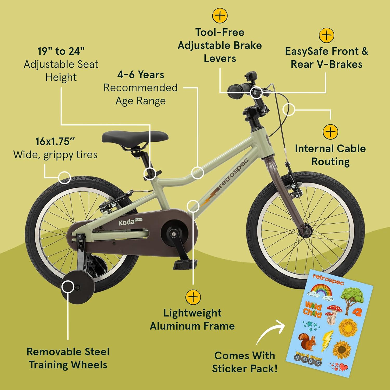 Retrospec Koda Plus Kids Bike for Boys & Girls Ages 4-6 Years – 16″ Children’s Bicycle, Adjustable Seat & Handlebars(Iguana)