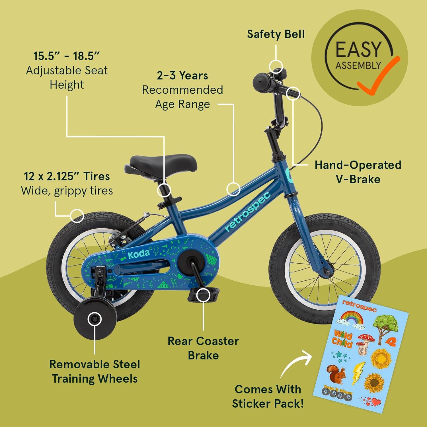 Retrospec Koda Plus Kids Bike for Boys & Girls Ages 2-3 Years – 12″ Children’s Bicycle, Adjustable Seat & Handlebars, Removable Training Wheels, Front Hand Brakes, Rear Coaster Brake & Safety Bell(Blue Bolt)