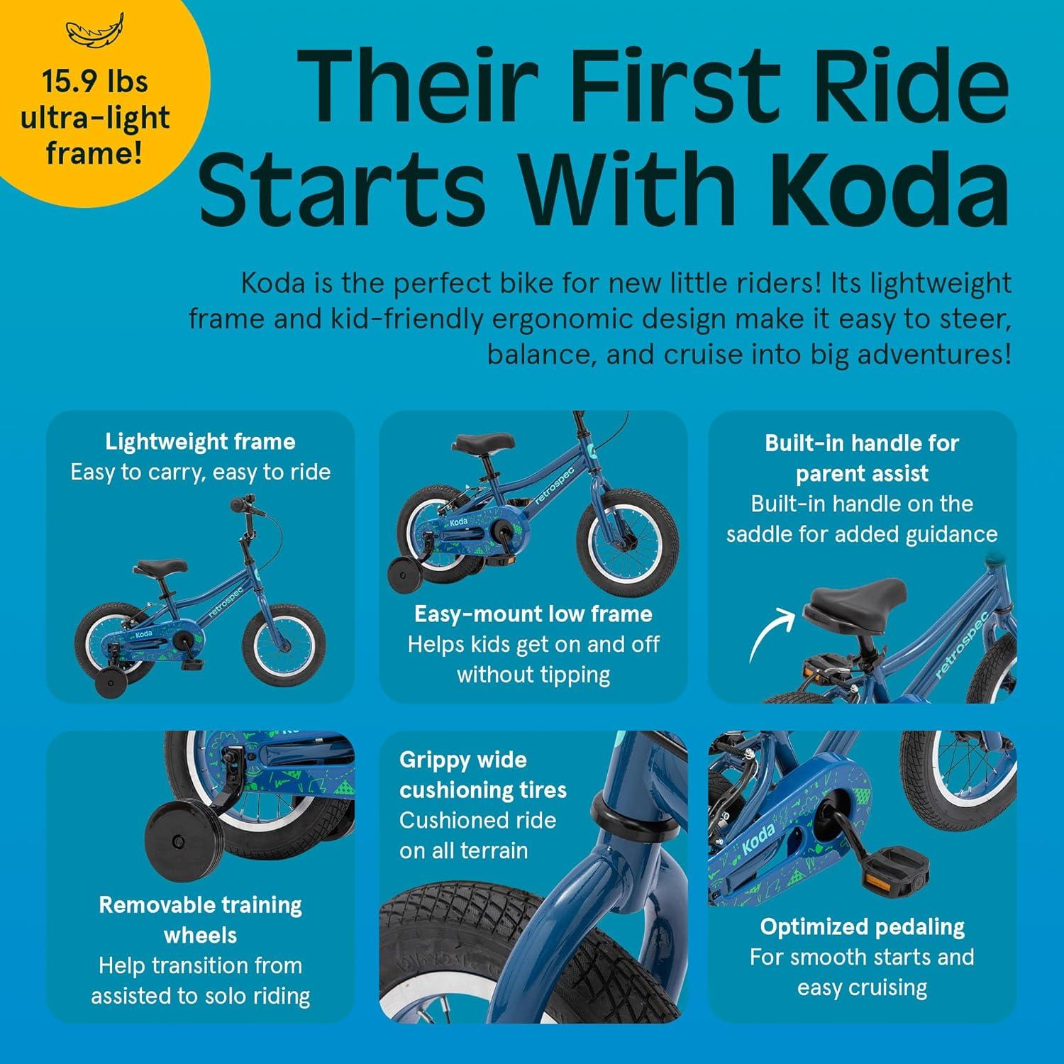 Retrospec Koda Plus Kids Bike for Boys & Girls Ages 2-3 Years – 12″ Children’s Bicycle, Adjustable Seat & Handlebars, Removable Training Wheels, Front Hand Brakes, Rear Coaster Brake & Safety Bell(Blue Bolt)