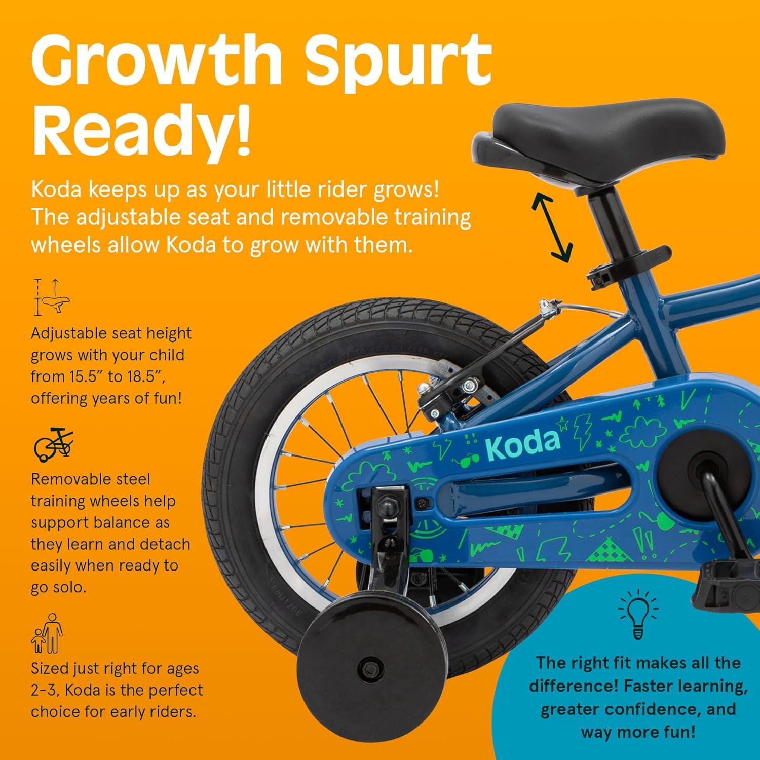 Retrospec Koda Plus Kids Bike for Boys & Girls Ages 2-3 Years – 12″ Children’s Bicycle, Adjustable Seat & Handlebars, Removable Training Wheels, Front Hand Brakes, Rear Coaster Brake & Safety Bell(Blue Bolt)