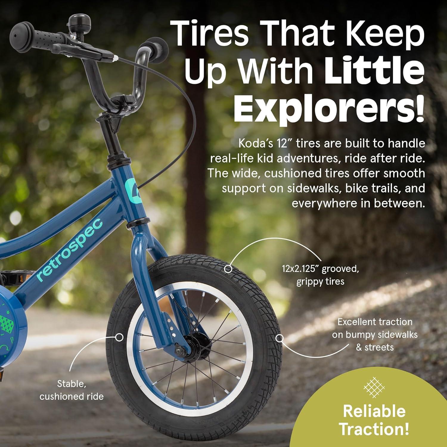 Retrospec Koda Plus Kids Bike for Boys & Girls Ages 2-3 Years – 12″ Children’s Bicycle, Adjustable Seat & Handlebars, Removable Training Wheels, Front Hand Brakes, Rear Coaster Brake & Safety Bell(Blue Bolt)