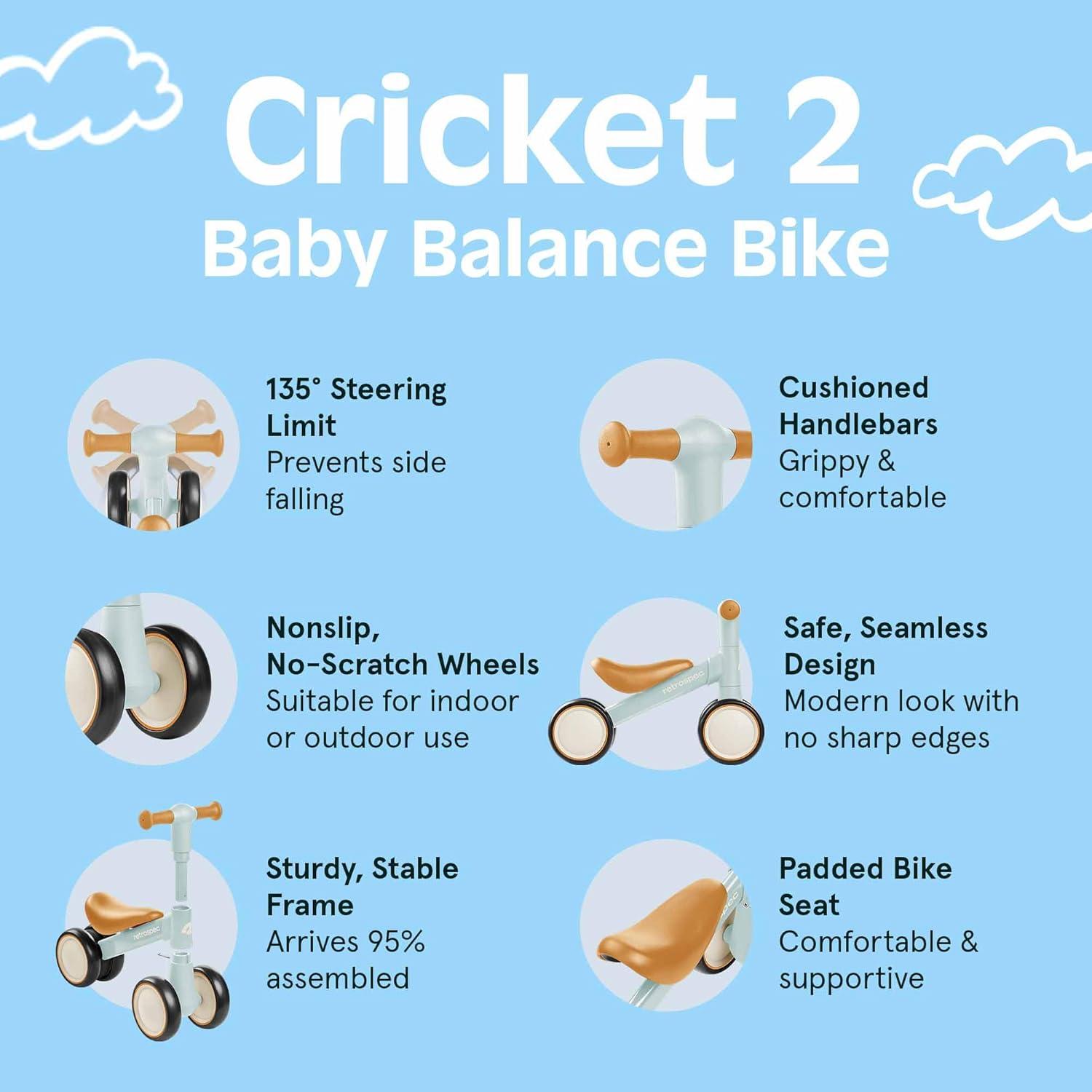 Retrospec Cricket 2 Baby Walker Balance Bike with 4 Wheels – Safe Learning Toy for Ages 12-24 Months – Scratch-Resistant Indoor Outdoor Toddler Riding Toy with Steering Limit & Soft Grips(Baby Blue)