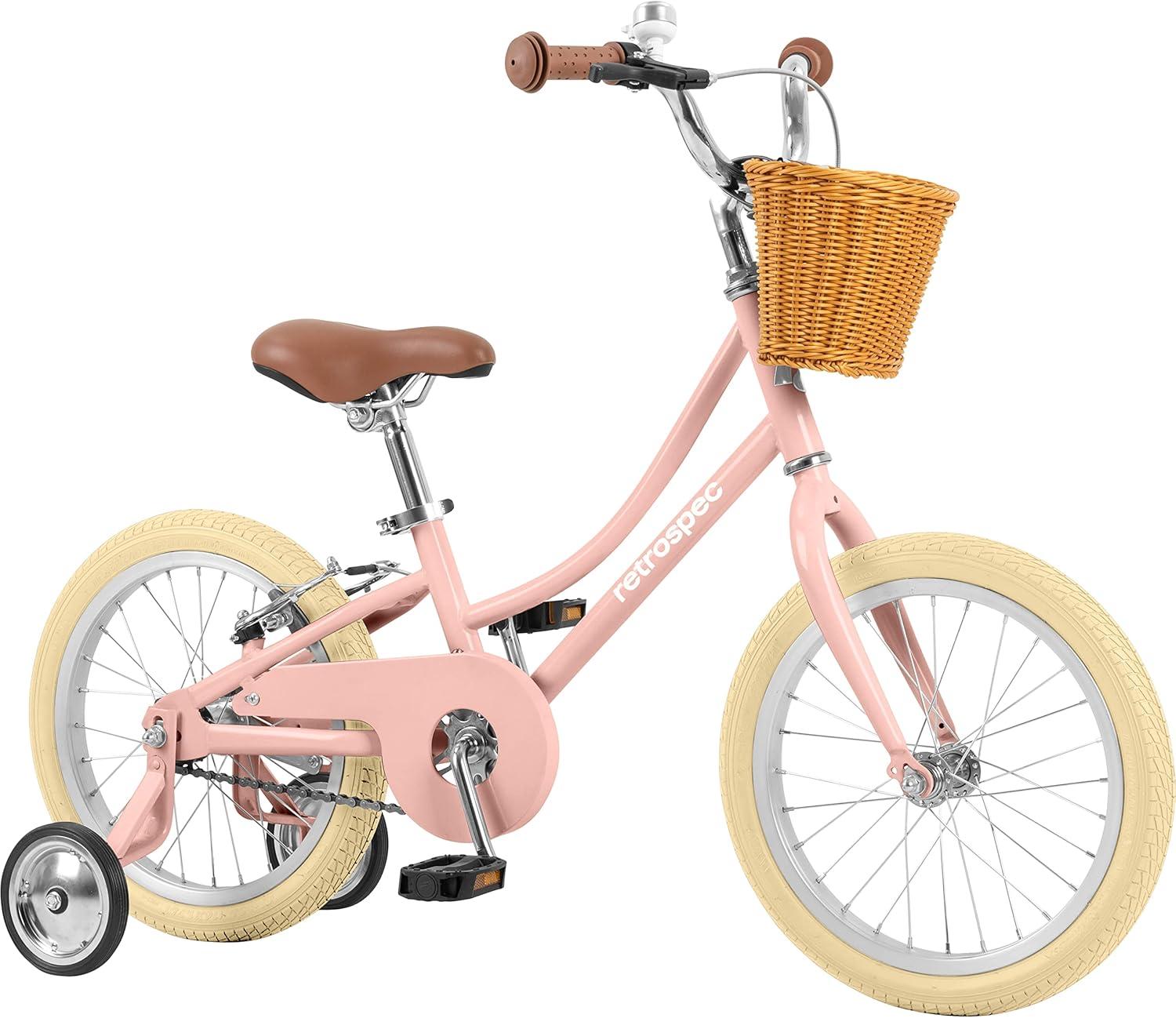 Retrospec Beaumont Mini 16in Kids Bike with Training Wheels & Basket – Beginner Bicycle for 4-6 Year Olds, Low-Profile Frame, V-Brakes & Safety Bell(Blush)