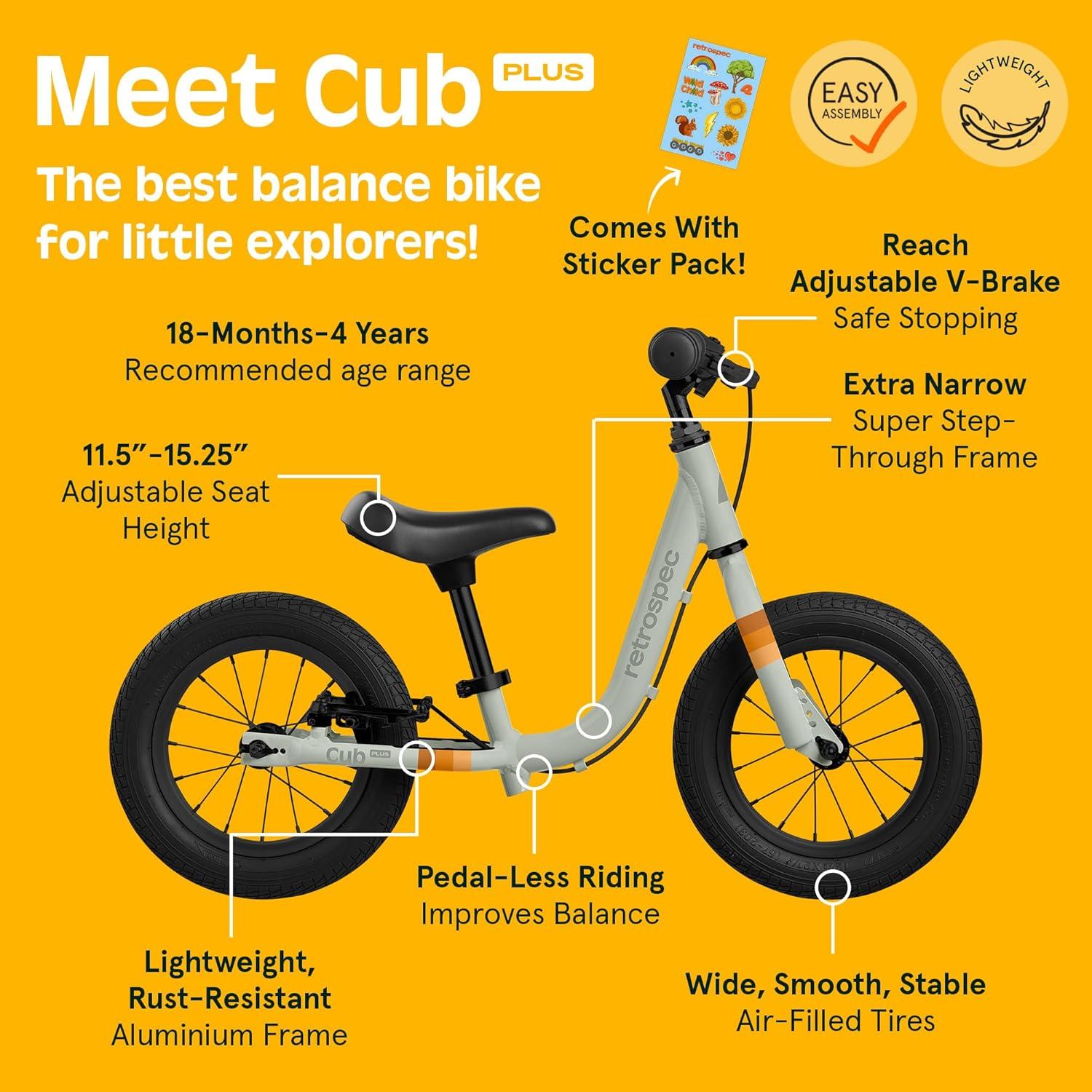 Retrospec Cub Plus Toddler Balance Bike for Boys & Girls Ages 18 Months – 4 Years No Pedals with Lightweight Frame and Adjustable V-Brake, Seat and Handlebar for Kids(Arbor)
