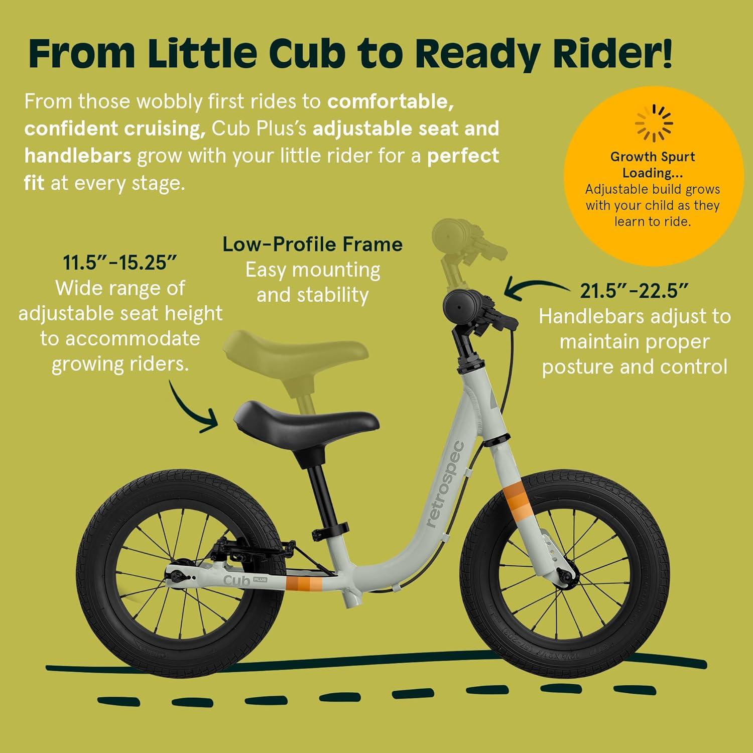 Retrospec Cub Plus Toddler Balance Bike for Boys & Girls Ages 18 Months – 4 Years No Pedals with Lightweight Frame and Adjustable V-Brake, Seat and Handlebar for Kids(Arbor)