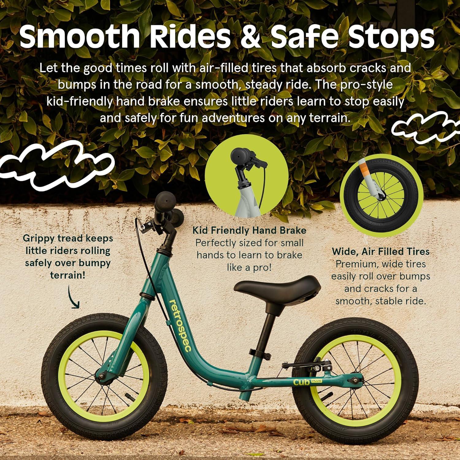 Retrospec Cub Plus Toddler Balance Bike for Boys & Girls Ages 18 Months – 4 Years No Pedals with Lightweight Frame and Adjustable V-Brake, Seat and Handlebar for Kids(Arbor)