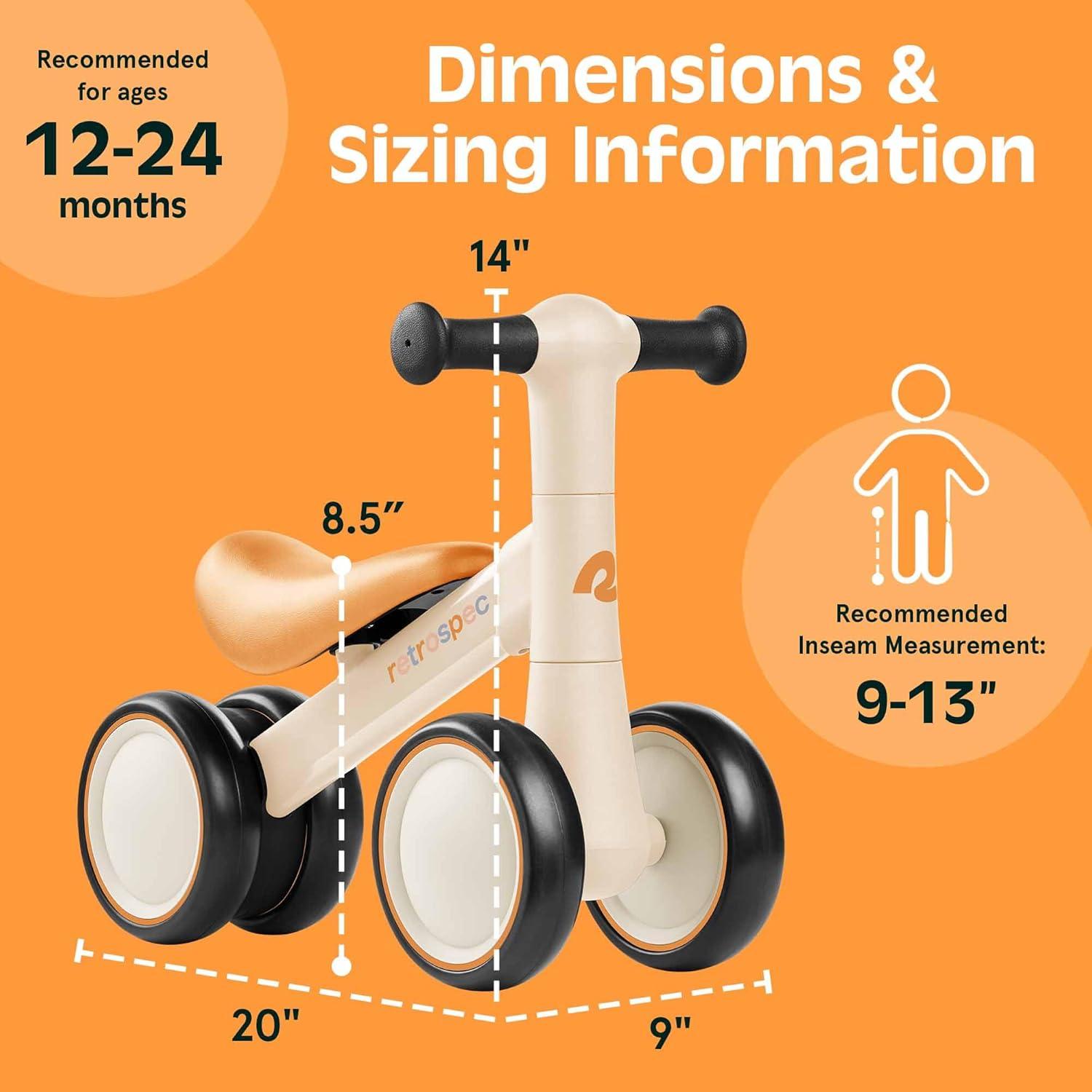 Retrospec Cricket 2 Baby Walker Balance Bike with 4 Wheels – Safe Learning Toy for Ages 12-24 Months – Scratch-Resistant Indoor Outdoor Toddler Riding Toy with Steering Limit & Soft Grips(Sandcastle)