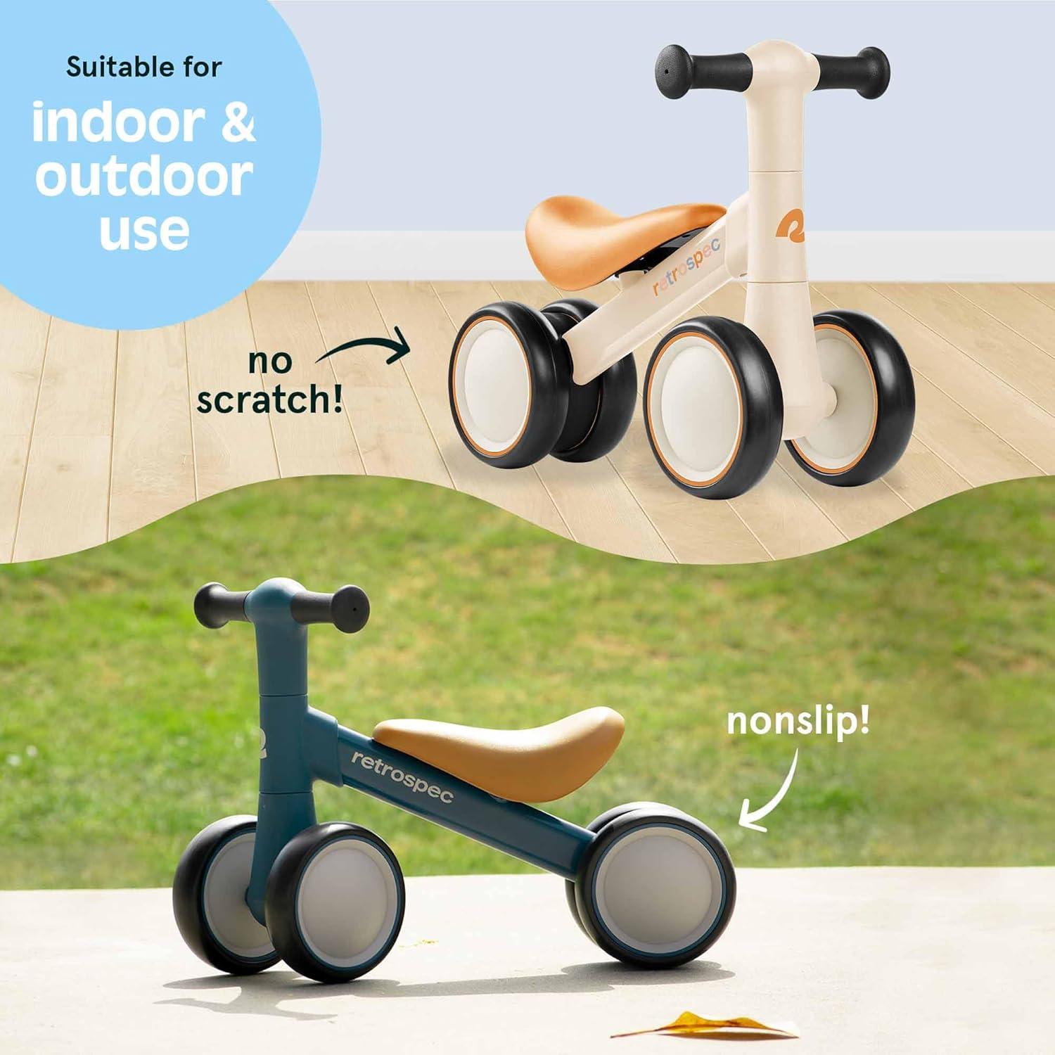 Retrospec Cricket 2 Baby Walker Balance Bike with 4 Wheels – Safe Learning Toy for Ages 12-24 Months – Scratch-Resistant Indoor Outdoor Toddler Riding Toy with Steering Limit & Soft Grips(Sandcastle)