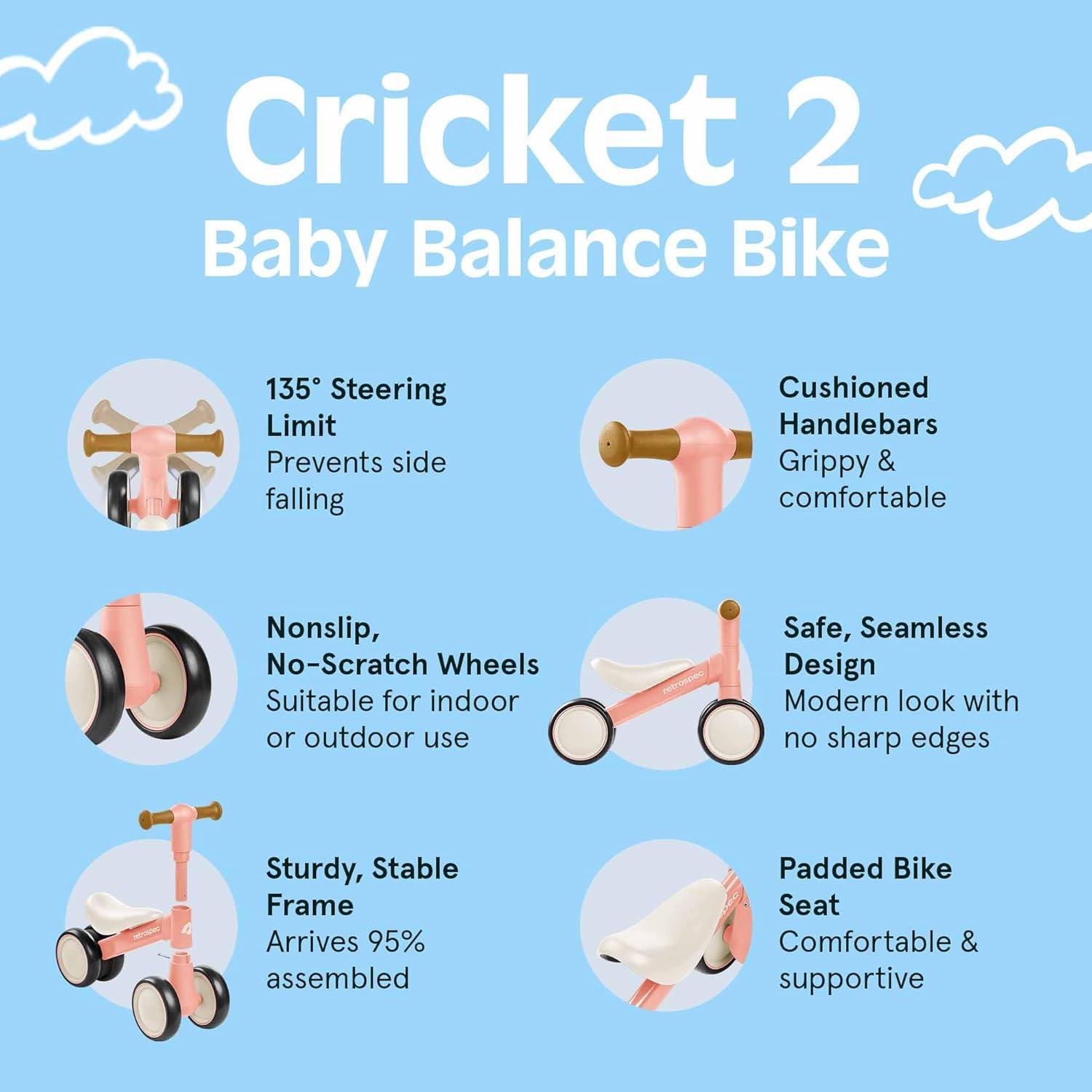 Retrospec Cricket 2 Baby Walker Balance Bike with 4 Wheels – Safe Learning Toy for Ages 12-24 Months – Scratch-Resistant Indoor Outdoor Toddler Riding Toy with Steering Limit & Soft Grips(Baby Pink)