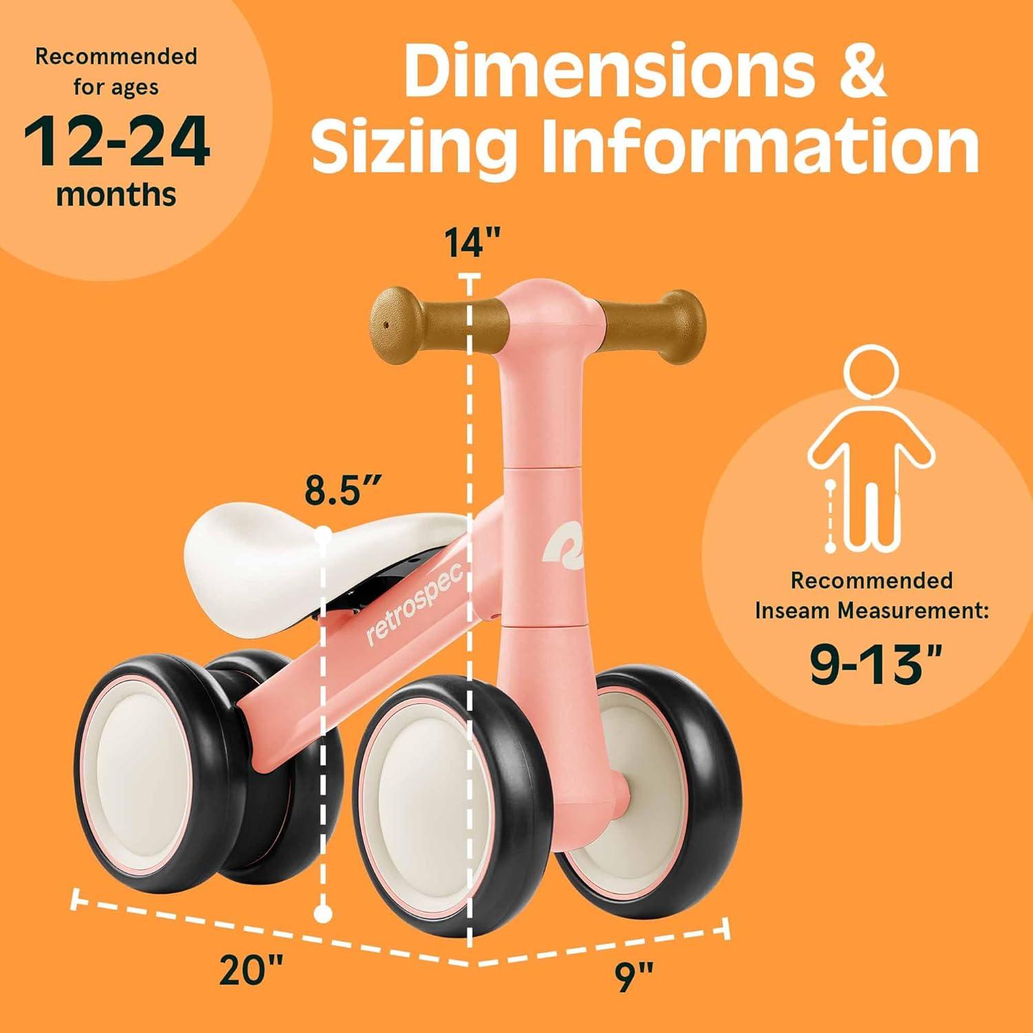 Retrospec Cricket 2 Baby Walker Balance Bike with 4 Wheels – Safe Learning Toy for Ages 12-24 Months – Scratch-Resistant Indoor Outdoor Toddler Riding Toy with Steering Limit & Soft Grips(Baby Pink)