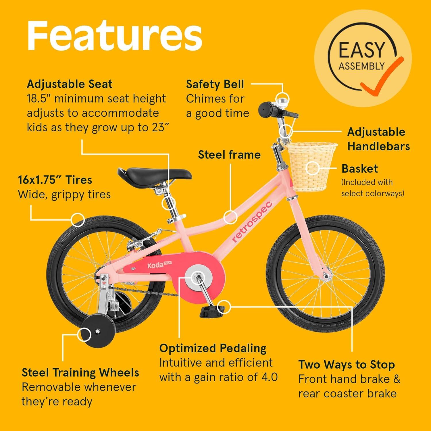 Retrospec Koda Plus Kids Bike for Boys & Girls Ages 4-6 Years – 16″ Children’s Bicycle, Adjustable Seat & Handlebars(Blush)