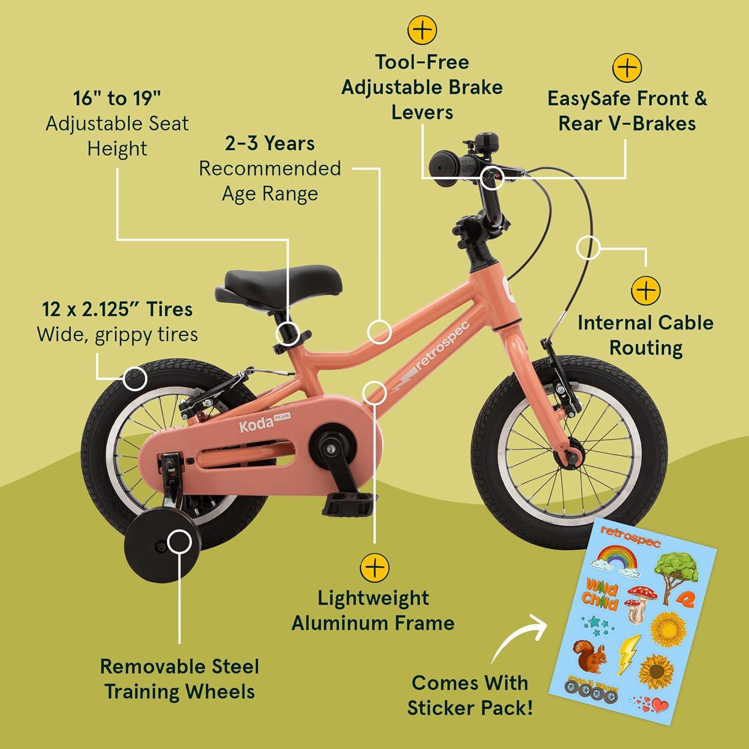 Retrospec Koda Plus Kids Bike for Boys & Girls Ages 2-3 Years – 12″ Children’s Bicycle, Adjustable Seat & Handlebars, Removable Training Wheels, Front Hand Brakes, Rear Coaster Brake & Safety Bell(Rose)