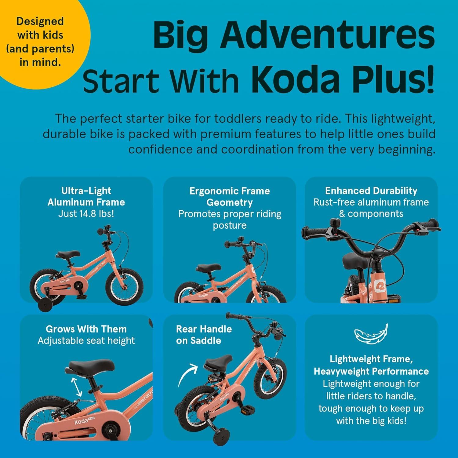 Retrospec Koda Plus Kids Bike for Boys & Girls Ages 2-3 Years – 12″ Children’s Bicycle, Adjustable Seat & Handlebars, Removable Training Wheels, Front Hand Brakes, Rear Coaster Brake & Safety Bell(Rose)