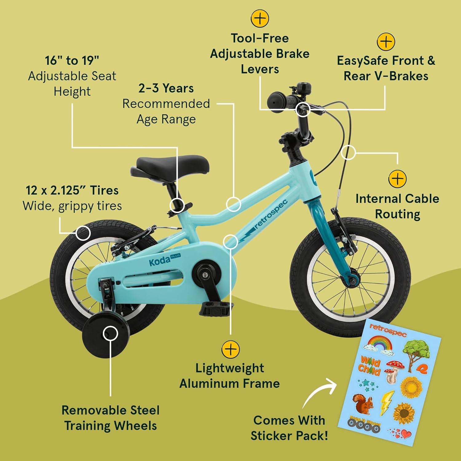 Retrospec Koda Plus Kids Bike for Boys & Girls Ages 2-3 Years – 12″ Children’s Bicycle, Adjustable Seat & Handlebars, Removable Training Wheels, Front Hand Brakes, Rear Coaster Brake & Safety Bell(Robins Egg)
