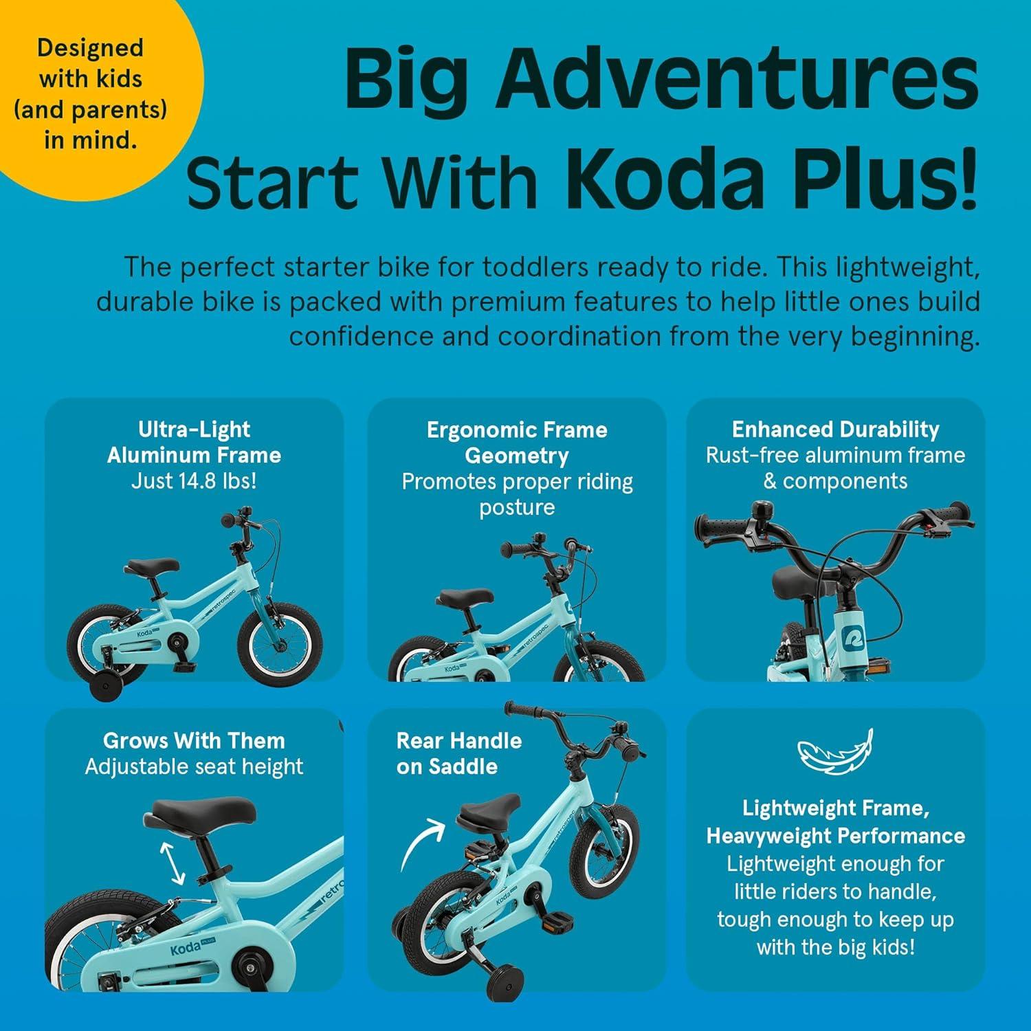 Retrospec Koda Plus Kids Bike for Boys & Girls Ages 2-3 Years – 12″ Children’s Bicycle, Adjustable Seat & Handlebars, Removable Training Wheels, Front Hand Brakes, Rear Coaster Brake & Safety Bell(Robins Egg)