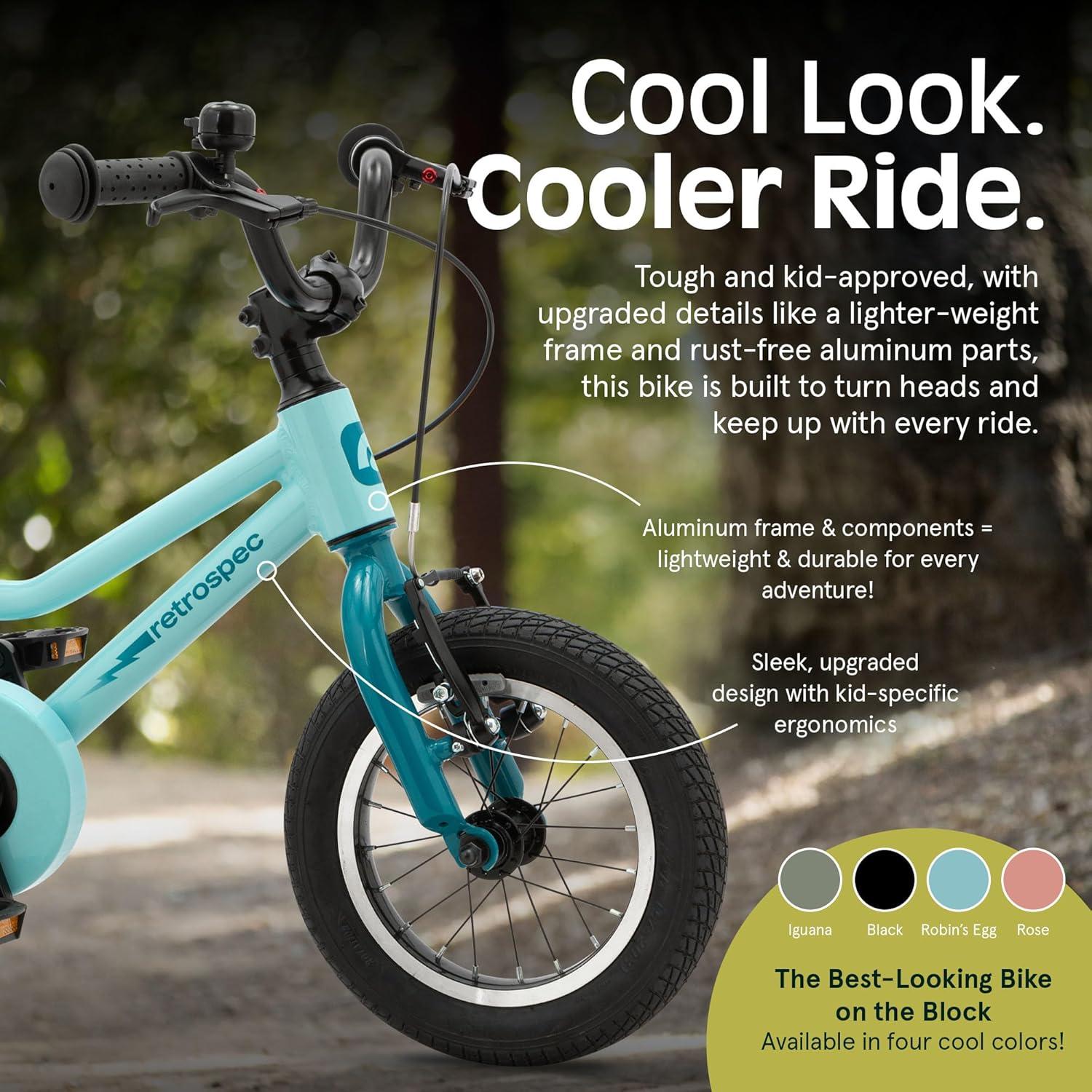 Retrospec Koda Plus Kids Bike for Boys & Girls Ages 2-3 Years – 12″ Children’s Bicycle, Adjustable Seat & Handlebars, Removable Training Wheels, Front Hand Brakes, Rear Coaster Brake & Safety Bell(Robins Egg)