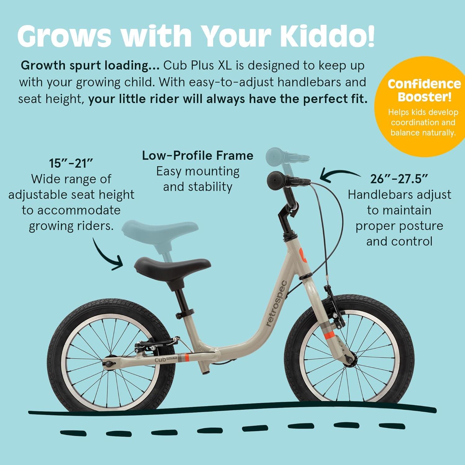 Retrospec Cub Plus XL Kids Balance Bike – 14in Outdoor Toddler Bike with Adjustable Height 15-21in – Lightweight Aluminum Frame & Hand Brakes for Ages 4-6 – Training with Air Tires(Tungsten)
