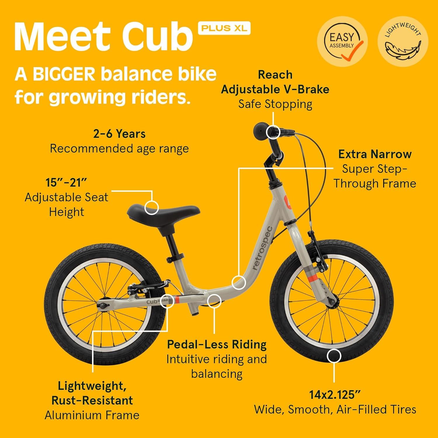 Retrospec Cub Plus XL Kids Balance Bike – 14in Outdoor Toddler Bike with Adjustable Height 15-21in – Lightweight Aluminum Frame & Hand Brakes for Ages 4-6 – Training with Air Tires(Tungsten)