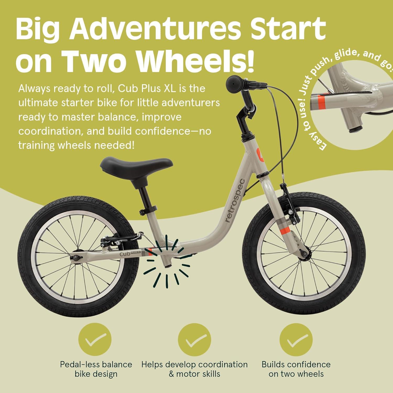 Retrospec Cub Plus XL Kids Balance Bike – 14in Outdoor Toddler Bike with Adjustable Height 15-21in – Lightweight Aluminum Frame & Hand Brakes for Ages 4-6 – Training with Air Tires(Tungsten)