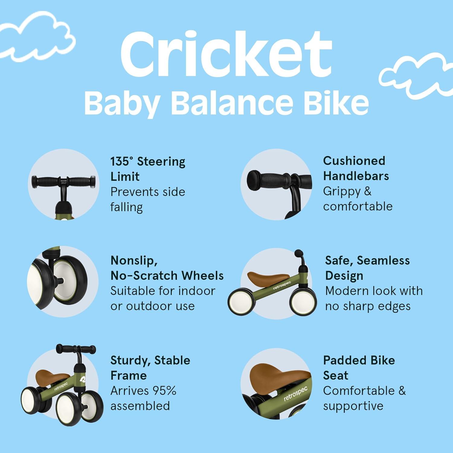 Retrospec Cricket Baby Balance Bike, 4-Wheel Ride-On Toy for Ages 12-24 Months – First Bike & Toddler Bike for 1 Year Old Boys & Girls, First Birthday Gift(Olive Drab)