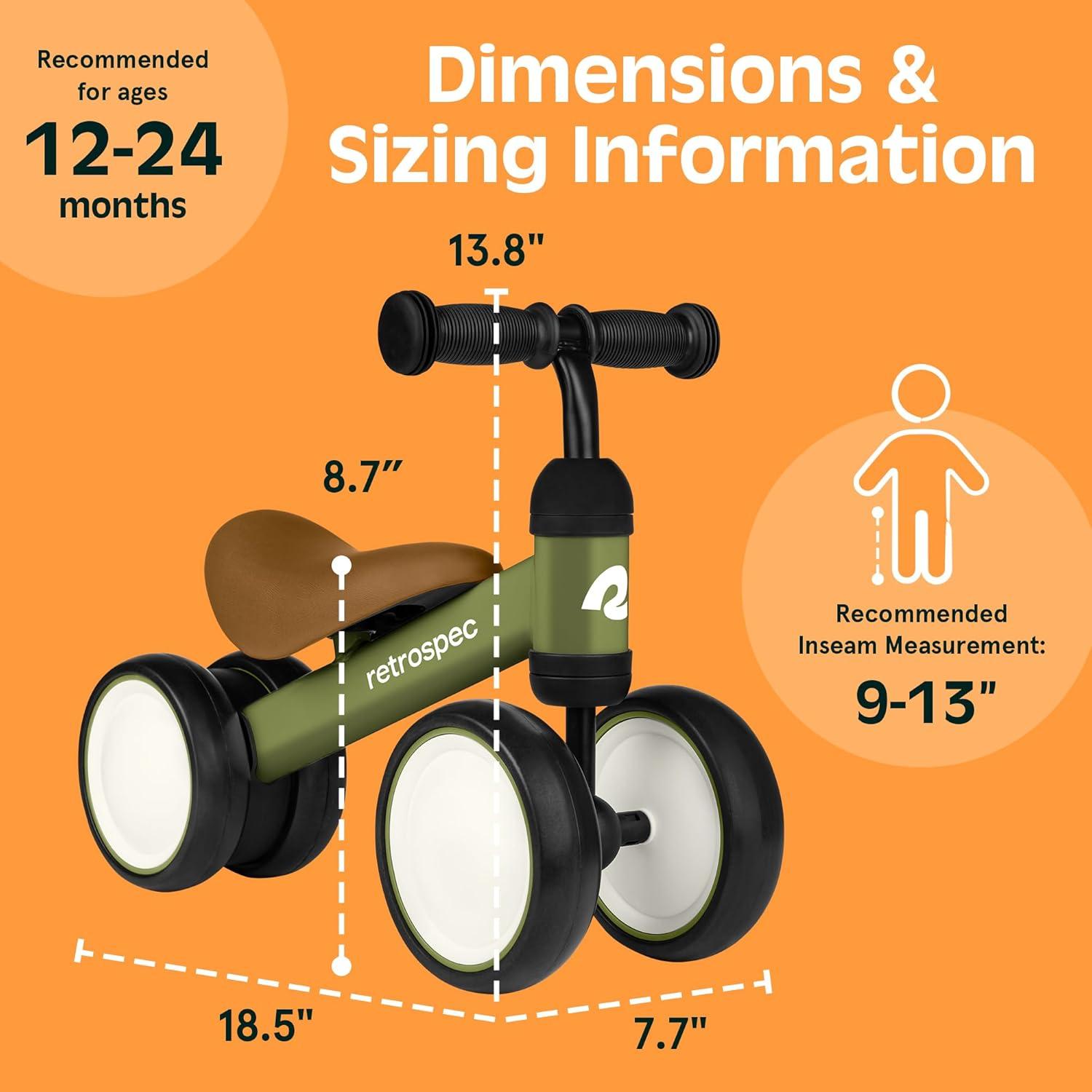 Retrospec Cricket Baby Balance Bike, 4-Wheel Ride-On Toy for Ages 12-24 Months – First Bike & Toddler Bike for 1 Year Old Boys & Girls, First Birthday Gift(Olive Drab)