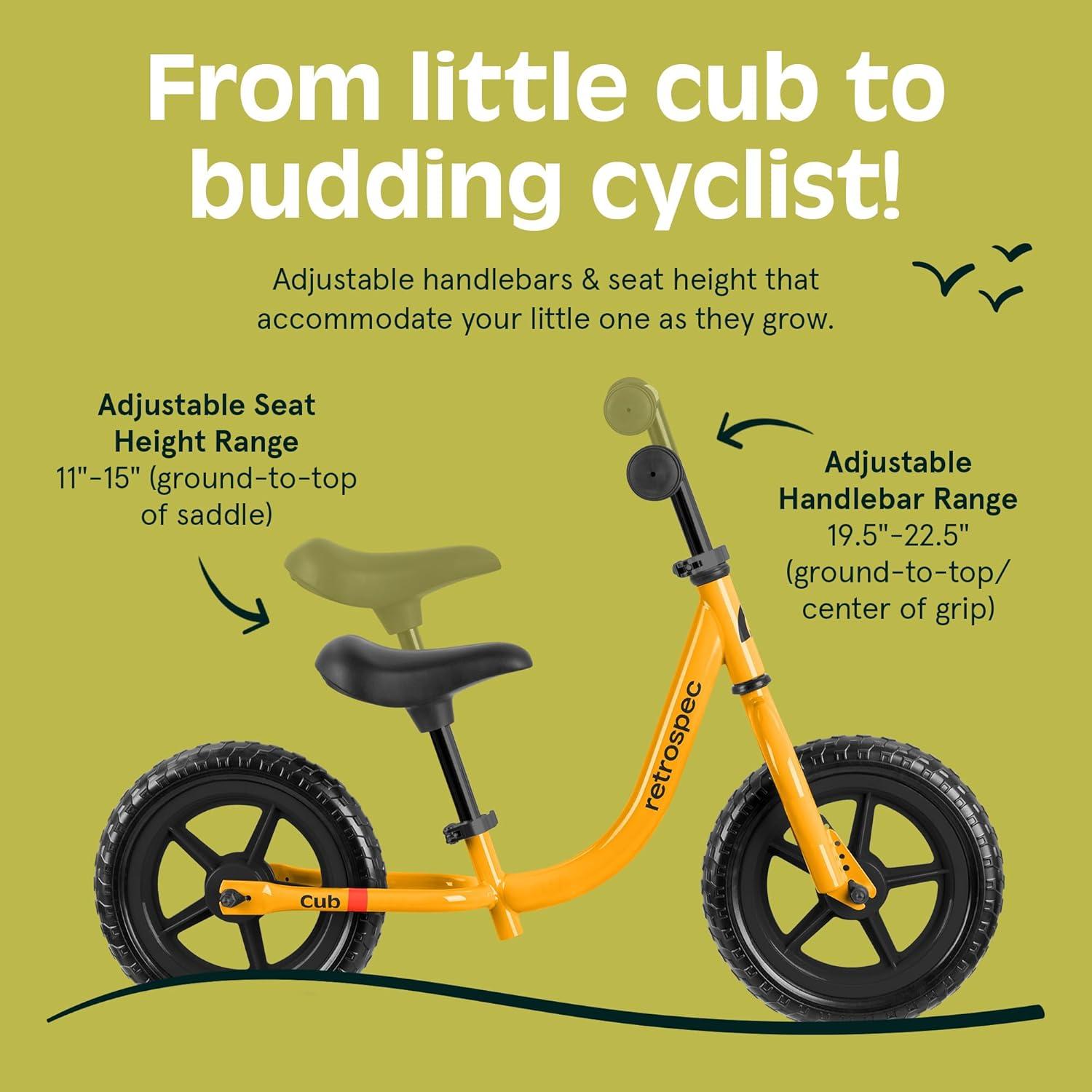 Retrospec Cub Toddler Balance Bike for Ages 18 Months – 3 Years – 12in No-Pedal Beginner Bicycle with Adjustable Seat, Puncture-Proof Tires & Safe Low Frame Design(Saffron)