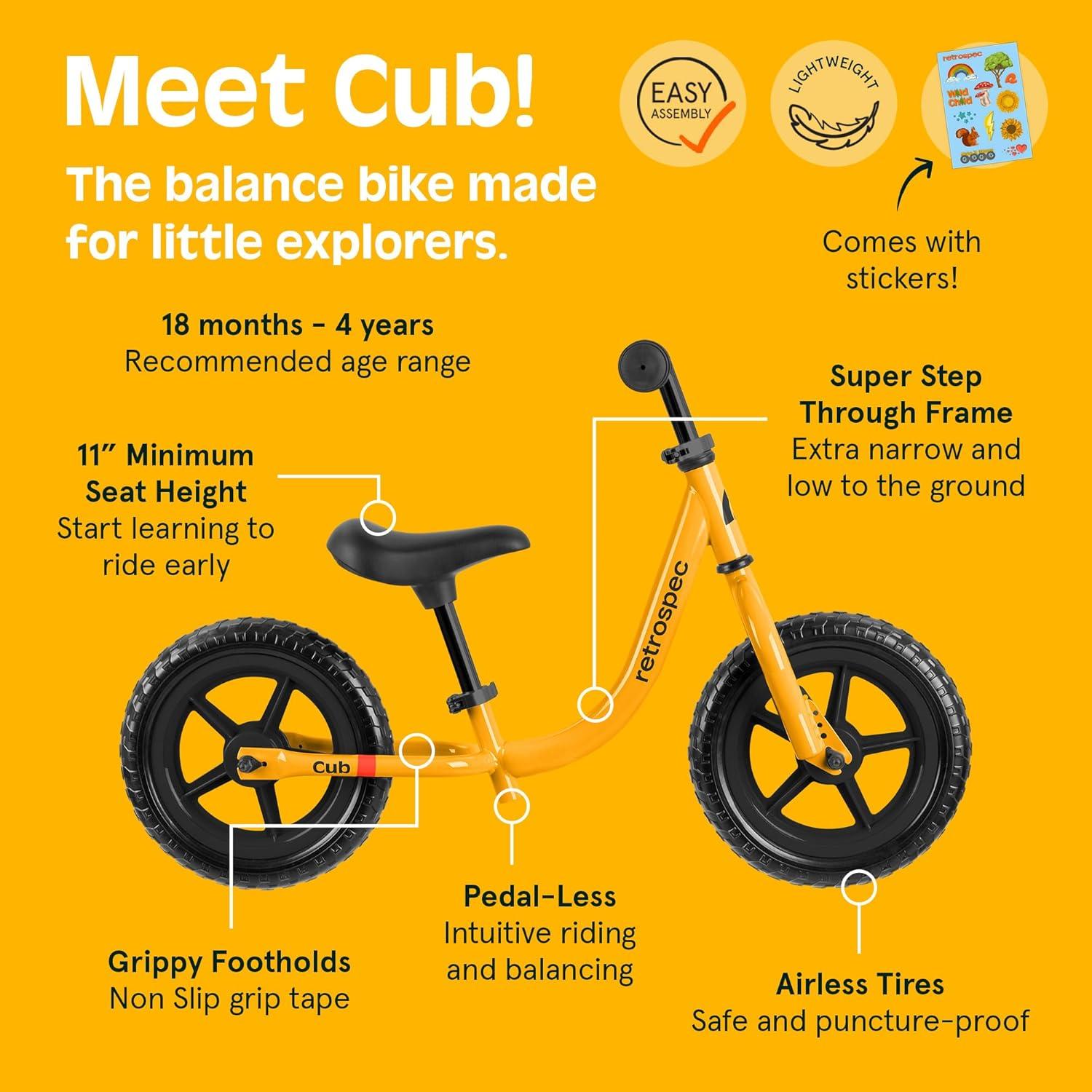 Retrospec Cub Toddler Balance Bike for Ages 18 Months – 3 Years – 12in No-Pedal Beginner Bicycle with Adjustable Seat, Puncture-Proof Tires & Safe Low Frame Design(Saffron)