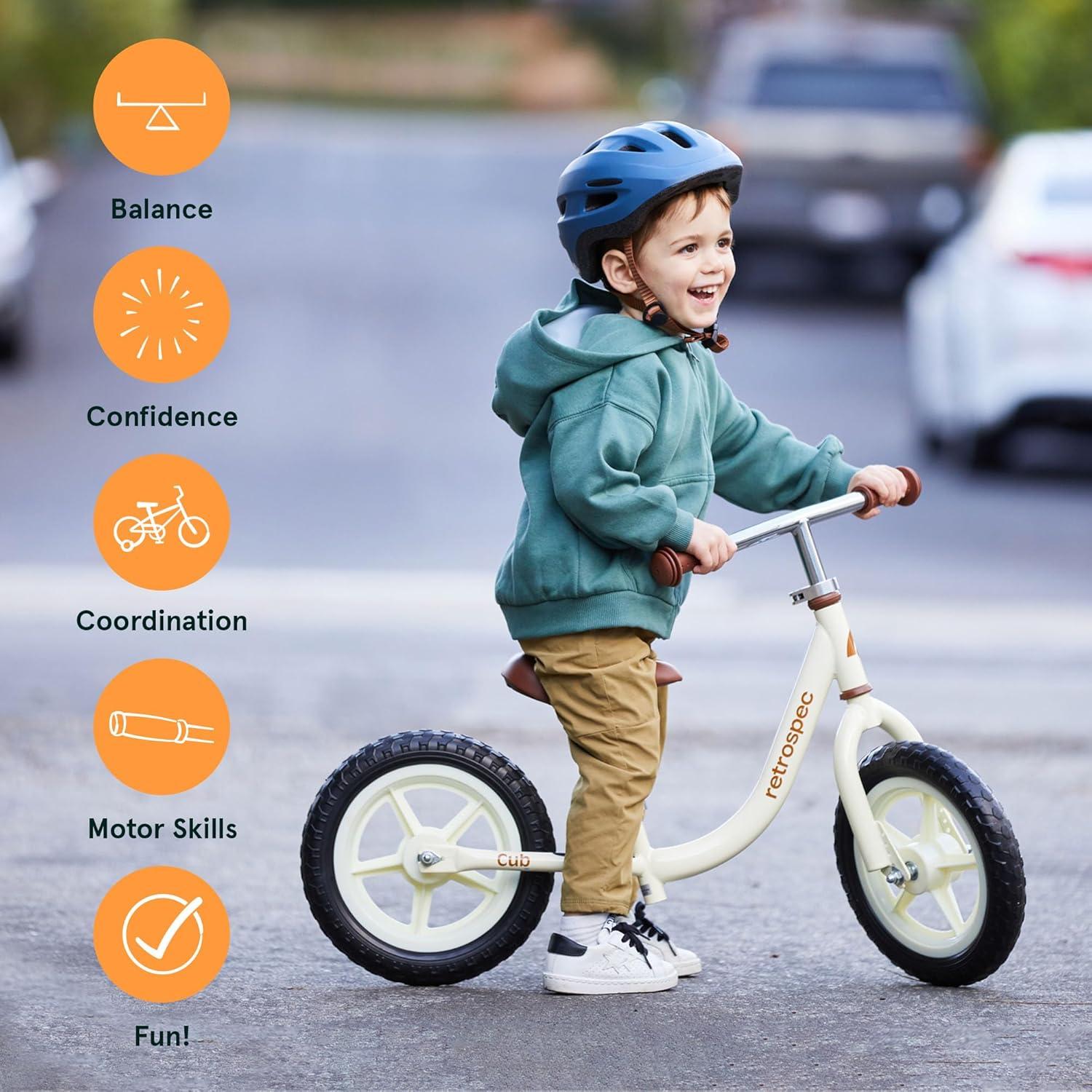 Retrospec Cub Toddler Balance Bike for Ages 18 Months – 3 Years – 12in No-Pedal Beginner Bicycle with Adjustable Seat, Puncture-Proof Tires & Safe Low Frame Design(Saffron)