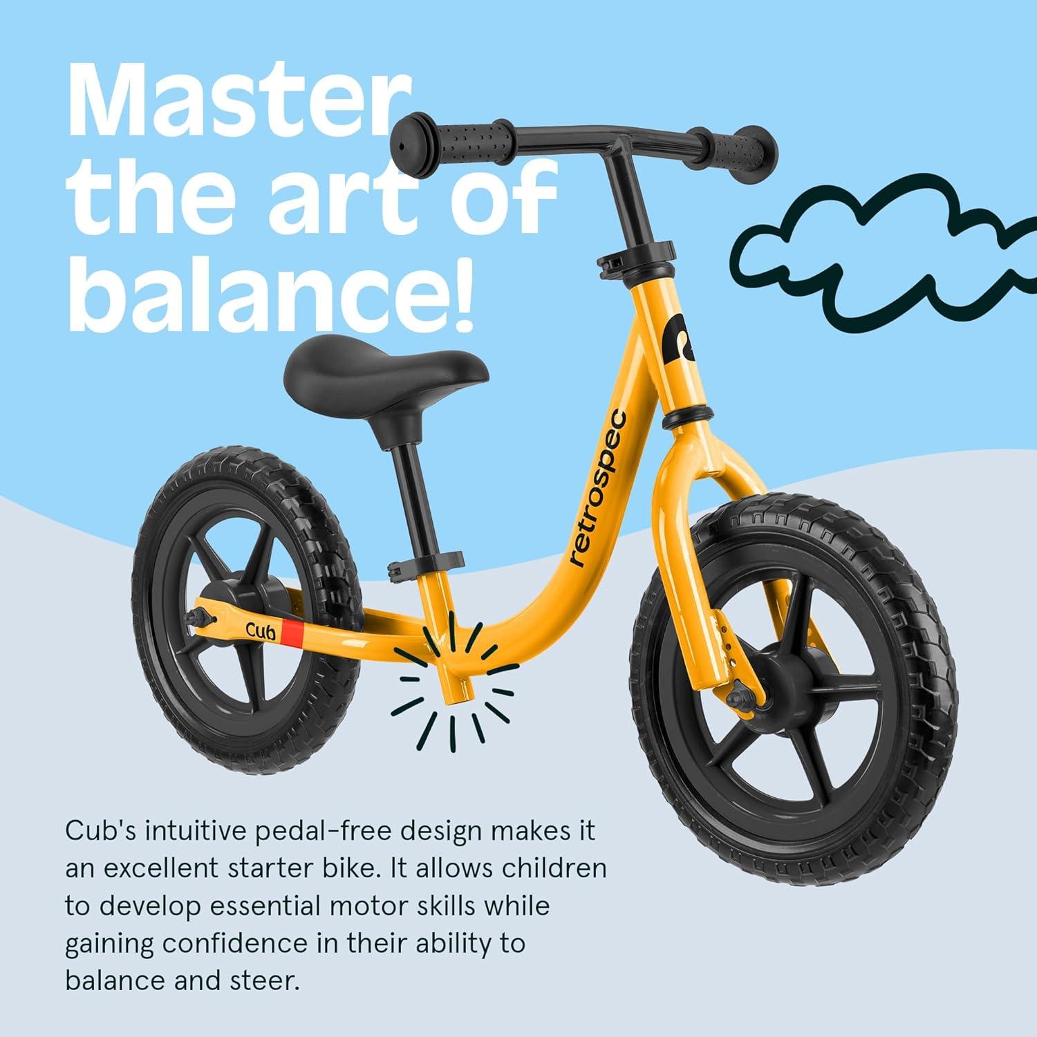 Retrospec Cub Toddler Balance Bike for Ages 18 Months – 3 Years – 12in No-Pedal Beginner Bicycle with Adjustable Seat, Puncture-Proof Tires & Safe Low Frame Design(Saffron)