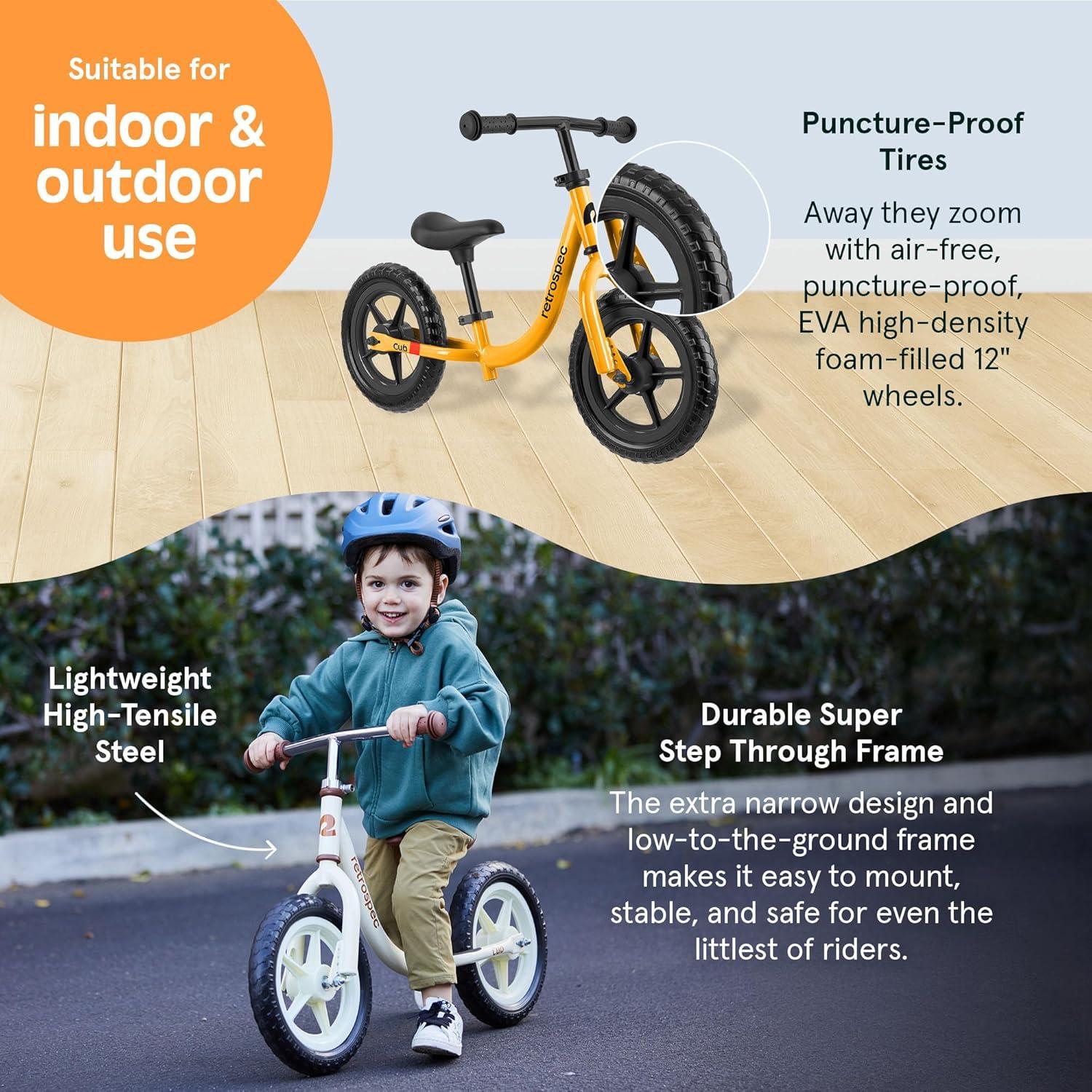 Retrospec Cub Toddler Balance Bike for Ages 18 Months – 3 Years – 12in No-Pedal Beginner Bicycle with Adjustable Seat, Puncture-Proof Tires & Safe Low Frame Design(Saffron)