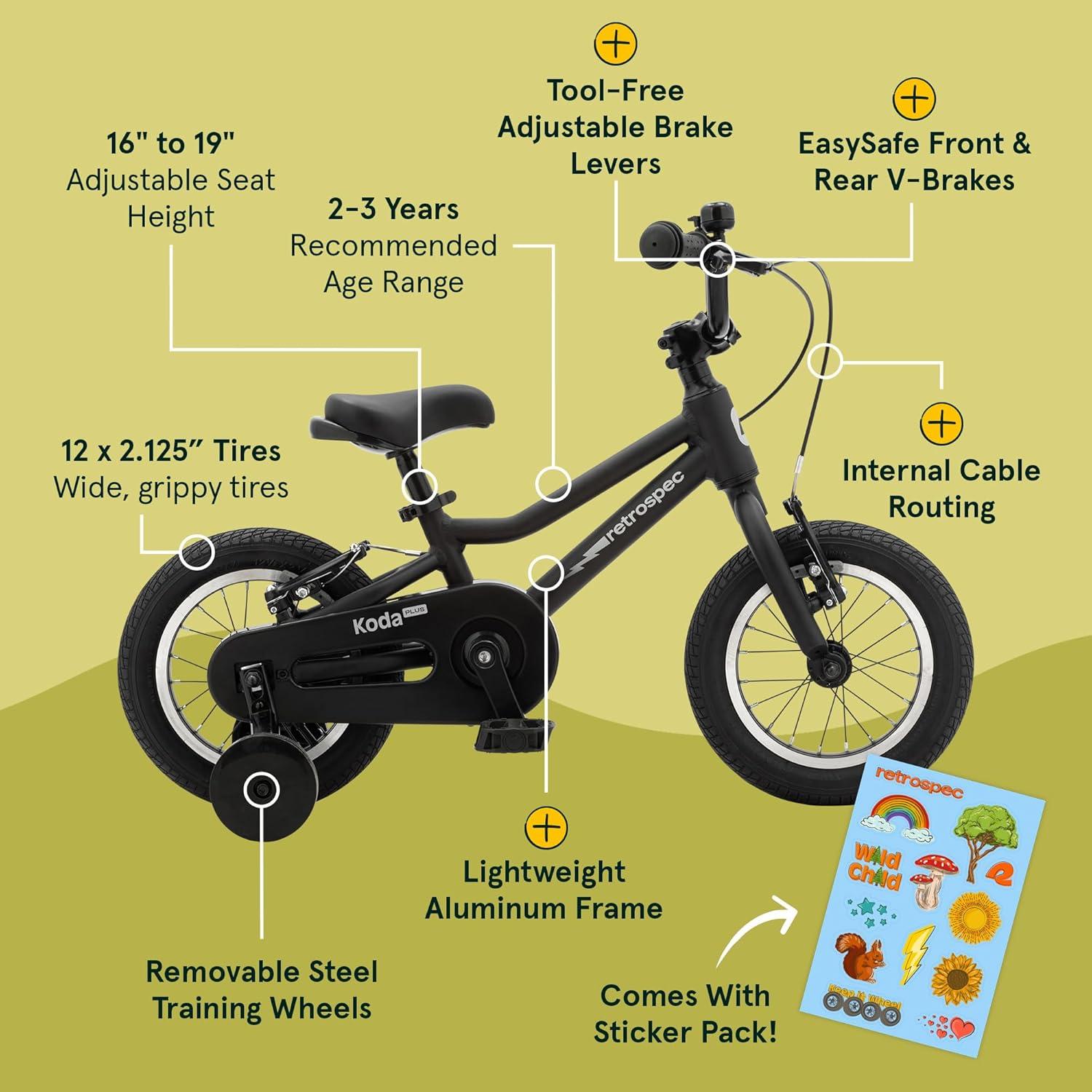 Retrospec Koda Plus Kids Bike for Boys & Girls Ages 2-3 Years – 12″ Children’s Bicycle, Adjustable Seat & Handlebars, Removable Training Wheels, Front Hand Brakes, Rear Coaster Brake & Safety Bell(Matte Black)