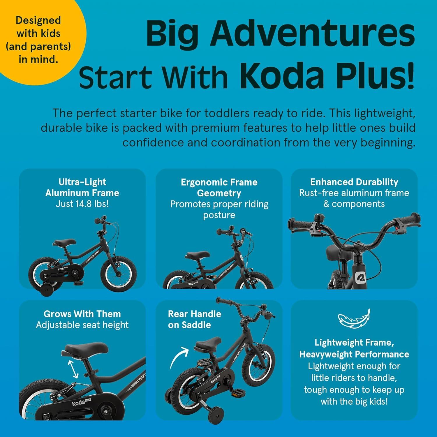 Retrospec Koda Plus Kids Bike for Boys & Girls Ages 2-3 Years – 12″ Children’s Bicycle, Adjustable Seat & Handlebars, Removable Training Wheels, Front Hand Brakes, Rear Coaster Brake & Safety Bell(Matte Black)