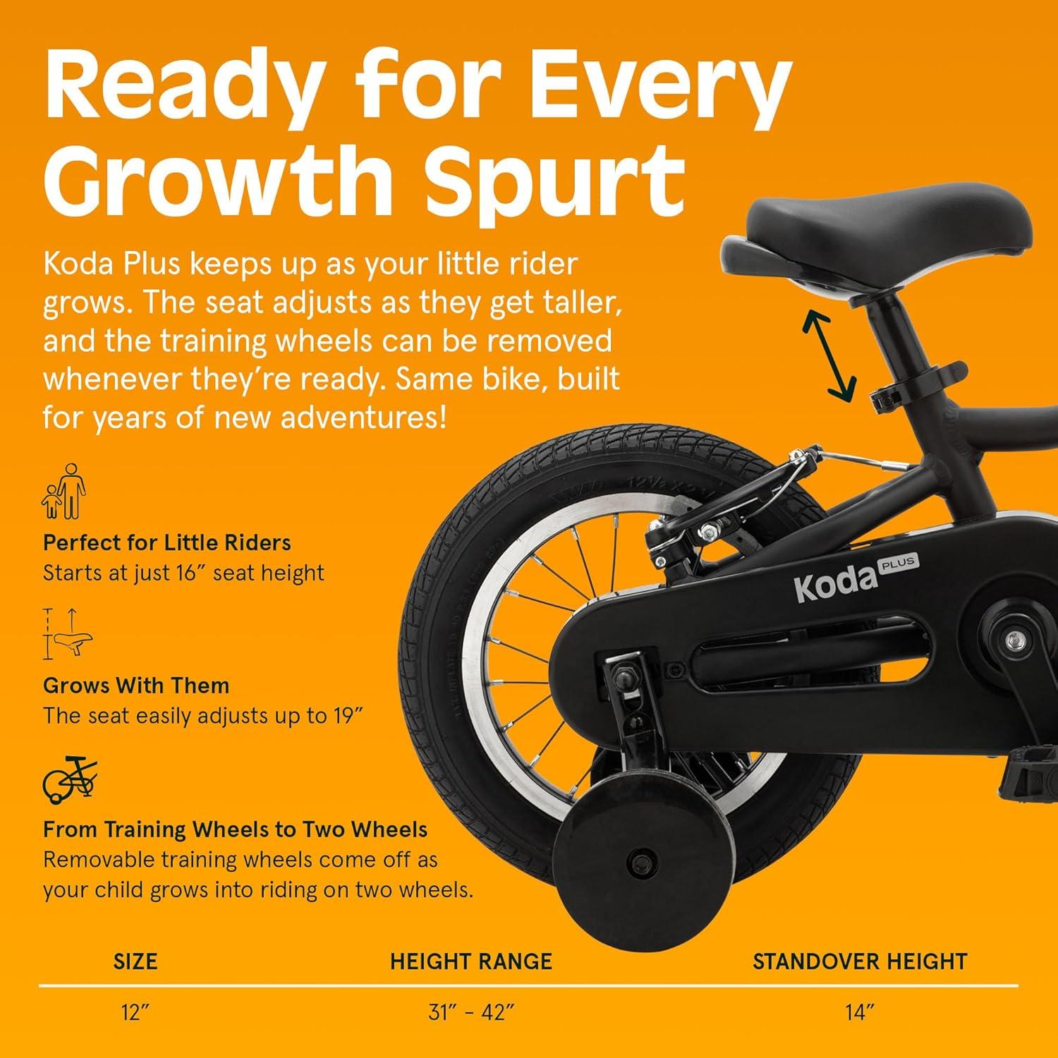 Retrospec Koda Plus Kids Bike for Boys & Girls Ages 2-3 Years – 12″ Children’s Bicycle, Adjustable Seat & Handlebars, Removable Training Wheels, Front Hand Brakes, Rear Coaster Brake & Safety Bell(Matte Black)
