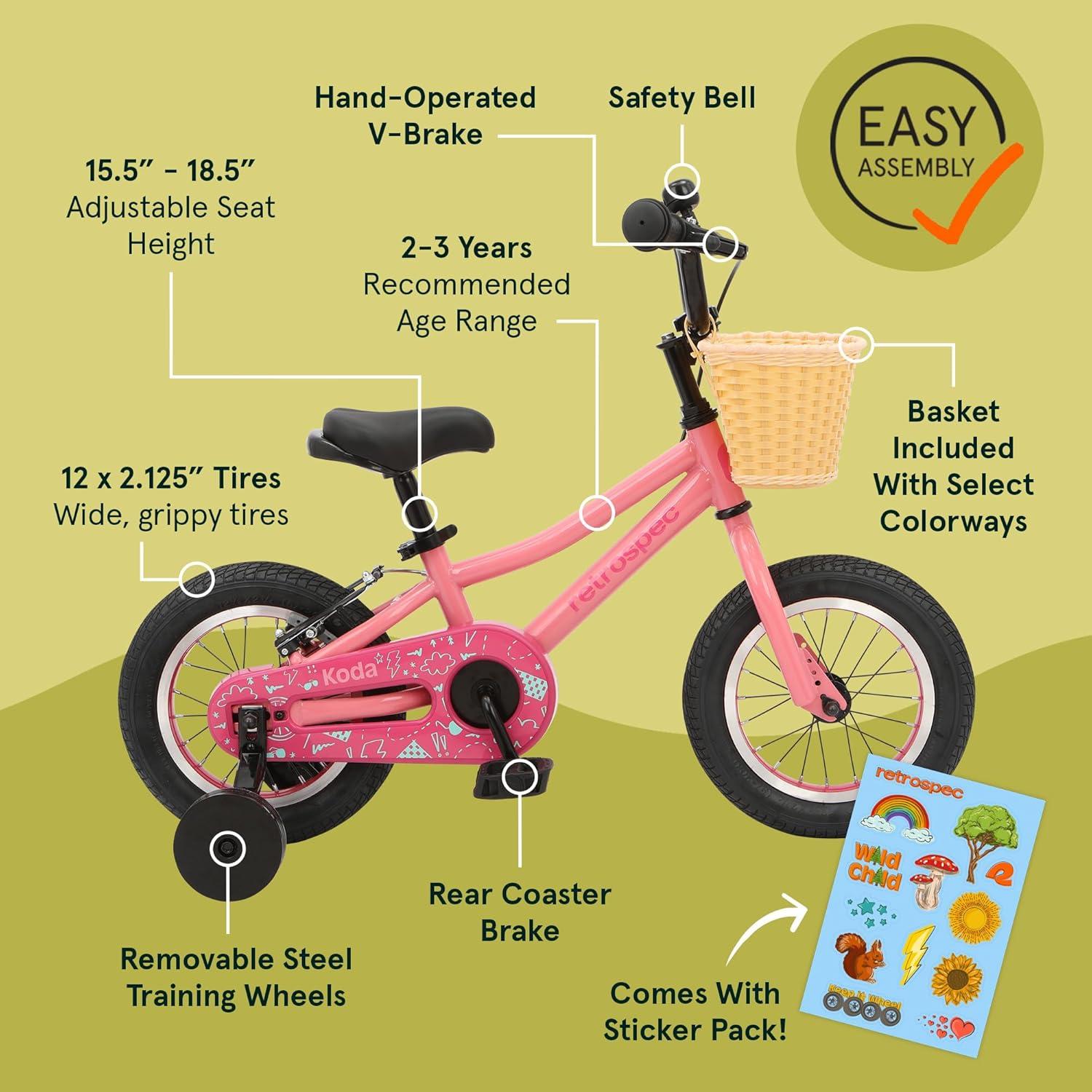 Retrospec Koda Plus Kids Bike for Boys & Girls Ages 2-3 Years – 12″ Children’s Bicycle, Adjustable Seat & Handlebars, Removable Training Wheels, Front Hand Brakes, Rear Coaster Brake & Safety Bell(Cotton Candy)