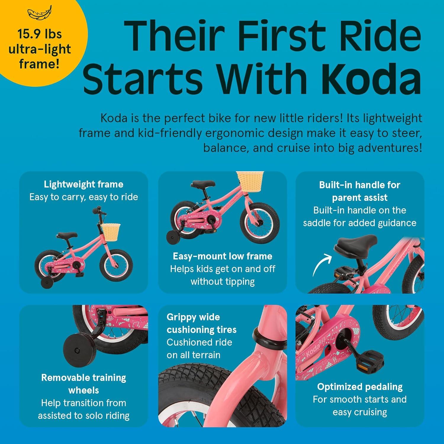 Retrospec Koda Plus Kids Bike for Boys & Girls Ages 2-3 Years – 12″ Children’s Bicycle, Adjustable Seat & Handlebars, Removable Training Wheels, Front Hand Brakes, Rear Coaster Brake & Safety Bell(Cotton Candy)