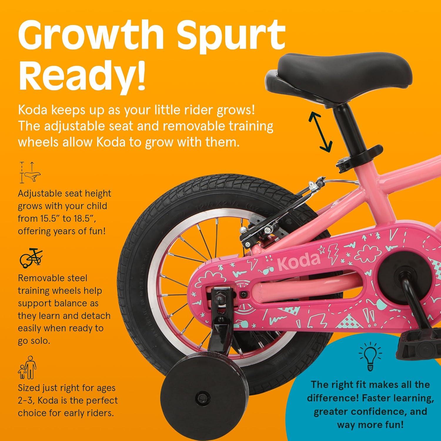 Retrospec Koda Plus Kids Bike for Boys & Girls Ages 2-3 Years – 12″ Children’s Bicycle, Adjustable Seat & Handlebars, Removable Training Wheels, Front Hand Brakes, Rear Coaster Brake & Safety Bell(Cotton Candy)