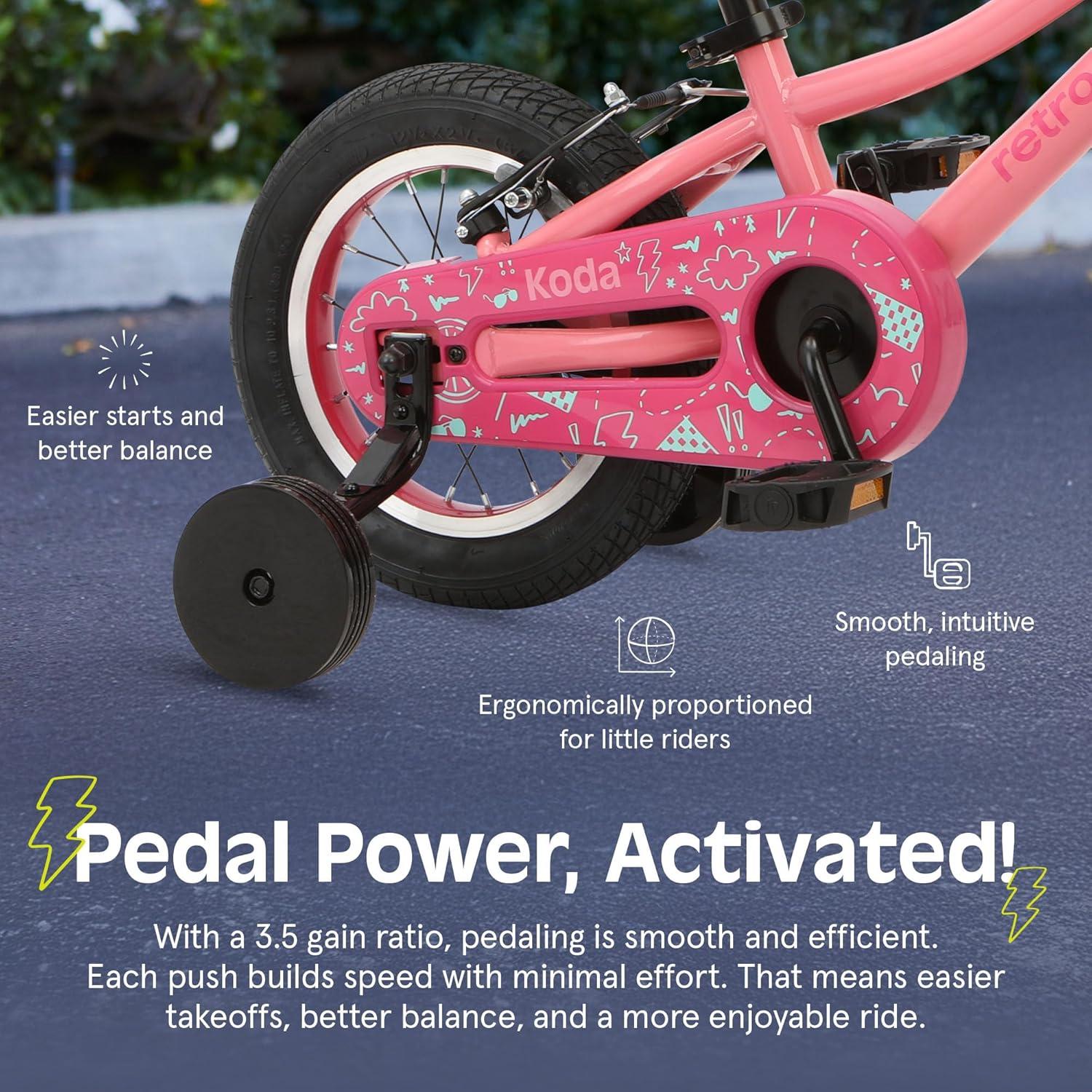 Retrospec Koda Plus Kids Bike for Boys & Girls Ages 2-3 Years – 12″ Children’s Bicycle, Adjustable Seat & Handlebars, Removable Training Wheels, Front Hand Brakes, Rear Coaster Brake & Safety Bell(Cotton Candy)