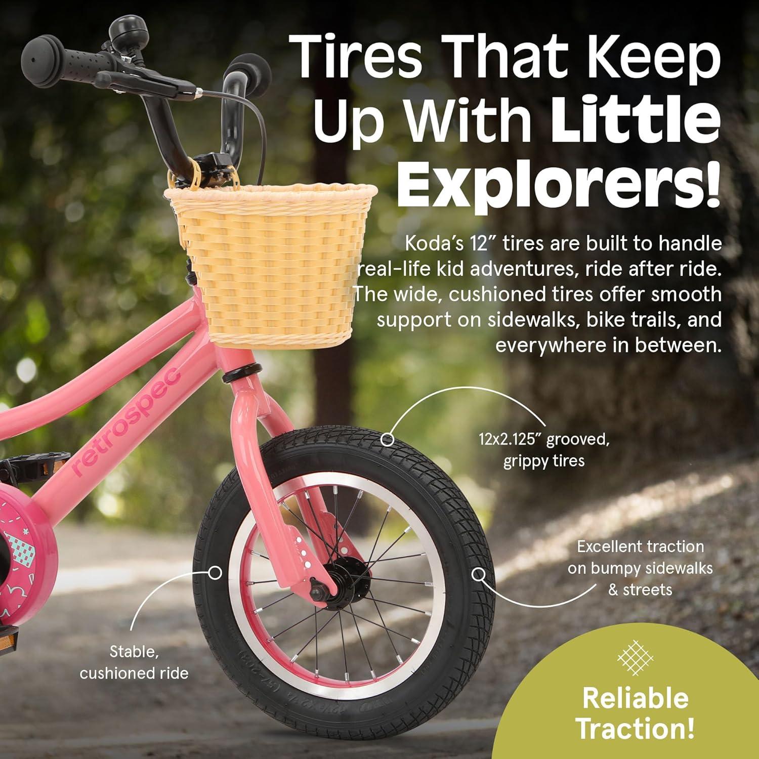 Retrospec Koda Plus Kids Bike for Boys & Girls Ages 2-3 Years – 12″ Children’s Bicycle, Adjustable Seat & Handlebars, Removable Training Wheels, Front Hand Brakes, Rear Coaster Brake & Safety Bell(Cotton Candy)