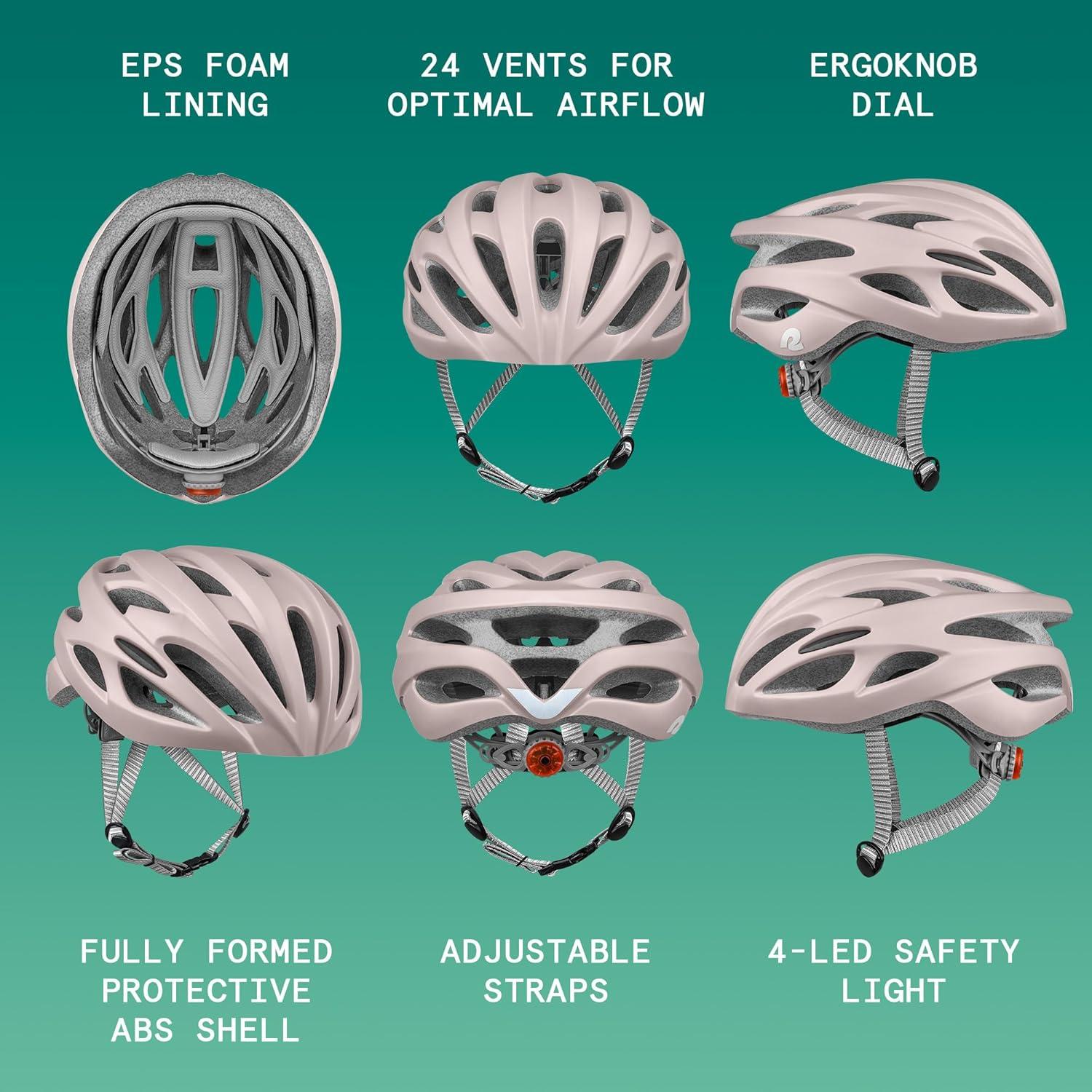 Retrospec Silas Road Bike Helmet with 24 Air Vents & Built-in LED Safety Light – Adjustable Adult Cycling Protection 54-61cm – Padded & Lightweight Design(Matte Desert Rose)