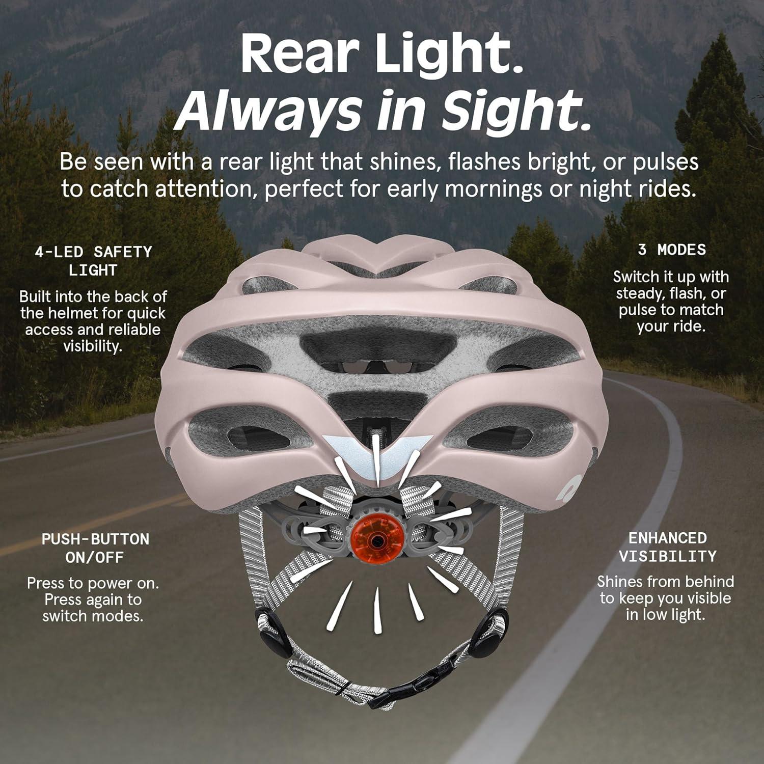 Retrospec Silas Road Bike Helmet with 24 Air Vents & Built-in LED Safety Light – Adjustable Adult Cycling Protection 54-61cm – Padded & Lightweight Design(Matte Desert Rose)