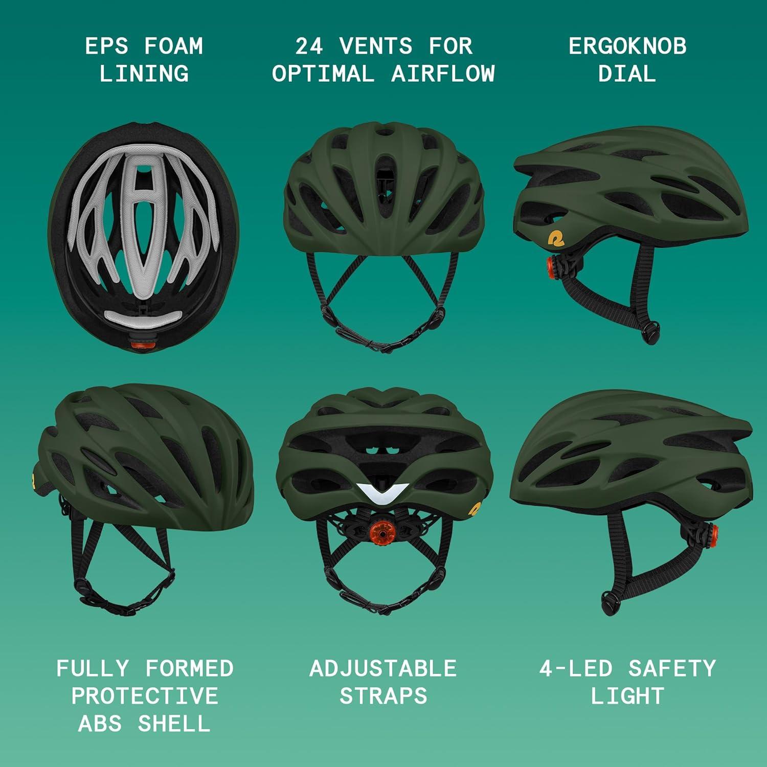 Retrospec Silas Road Bike Helmet with 24 Air Vents & Built-in LED Safety Light – Adjustable Adult Cycling Protection 54-61cm – Padded & Lightweight Design(Matte Forest)