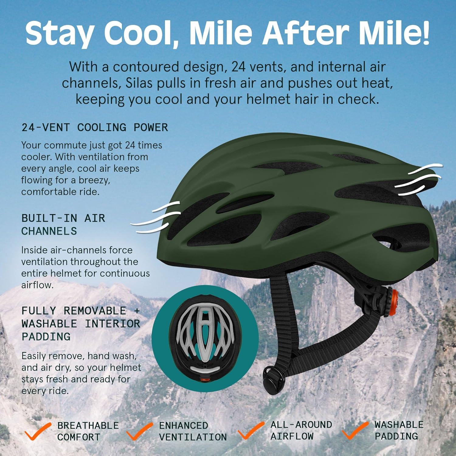 Retrospec Silas Road Bike Helmet with 24 Air Vents & Built-in LED Safety Light – Adjustable Adult Cycling Protection 54-61cm – Padded & Lightweight Design(Matte Forest)