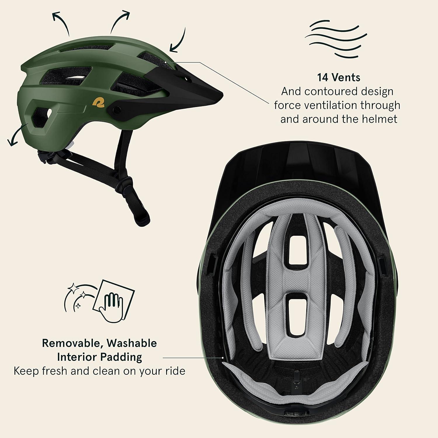 Retrospec Rowan Mountain Bike Helmet with Adjustable ErgoKnob Fit System – 14 Ventilation Ports, Removable Visor & EPS Foam Interior – Lightweight MTB Protection(Matte Forest)