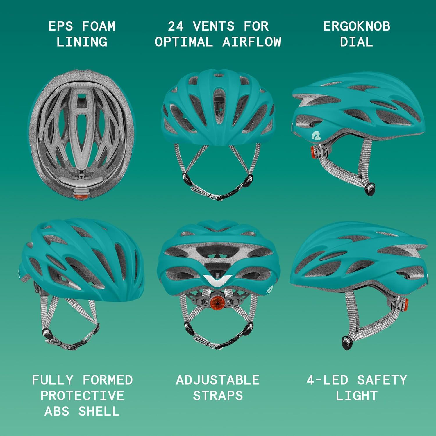 Retrospec Silas Road Bike Helmet with 24 Air Vents & Built-in LED Safety Light – Adjustable Adult Cycling Protection 54-61cm – Padded & Lightweight Design(Matte Teal)