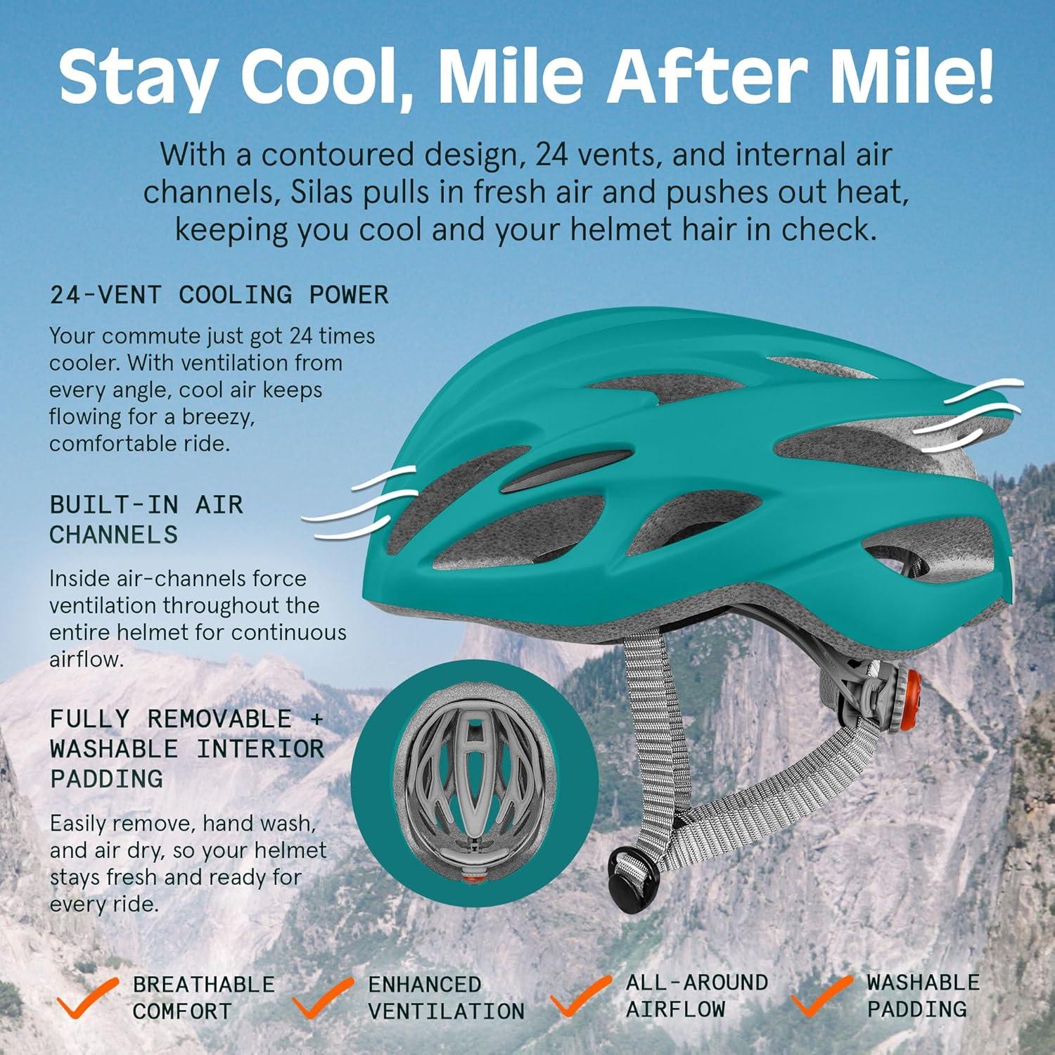 Retrospec Silas Road Bike Helmet with 24 Air Vents & Built-in LED Safety Light – Adjustable Adult Cycling Protection 54-61cm – Padded & Lightweight Design(Matte Teal)