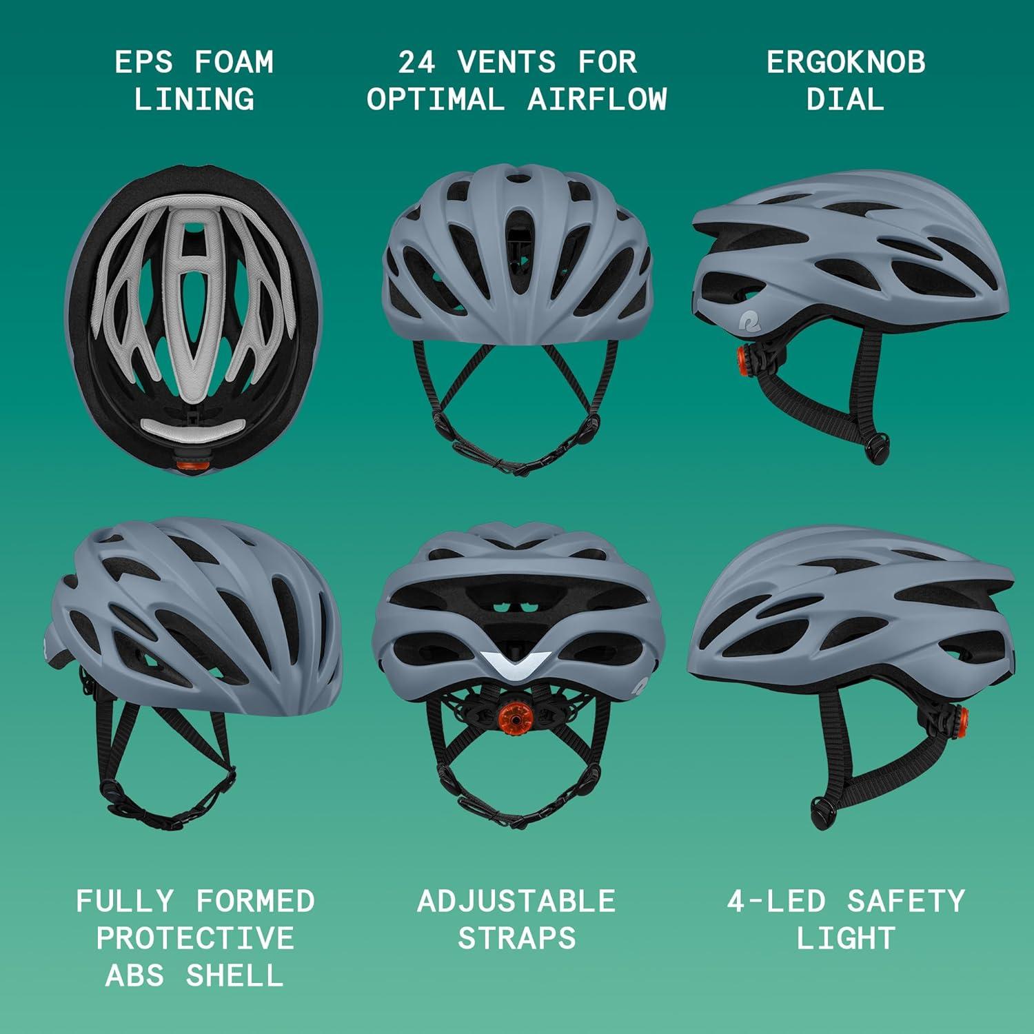 Retrospec Silas Road Bike Helmet with 24 Air Vents & Built-in LED Safety Light – Adjustable Adult Cycling Protection 54-61cm – Padded & Lightweight Design(Matte Graphite)