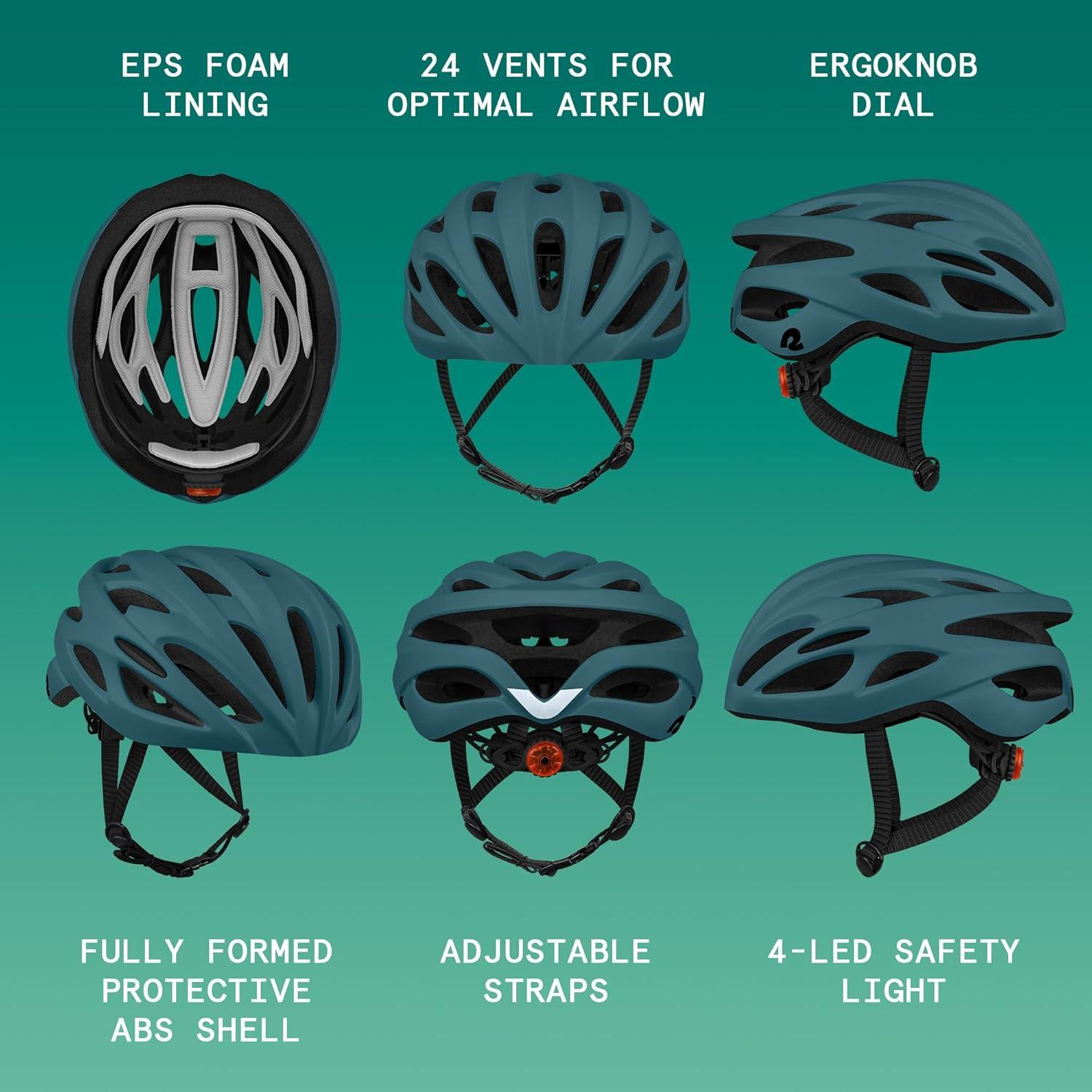 Retrospec Silas Road Bike Helmet with 24 Air Vents & Built-in LED Safety Light – Adjustable Adult Cycling Protection 54-61cm – Padded & Lightweight Design(Matte Superior Blue)