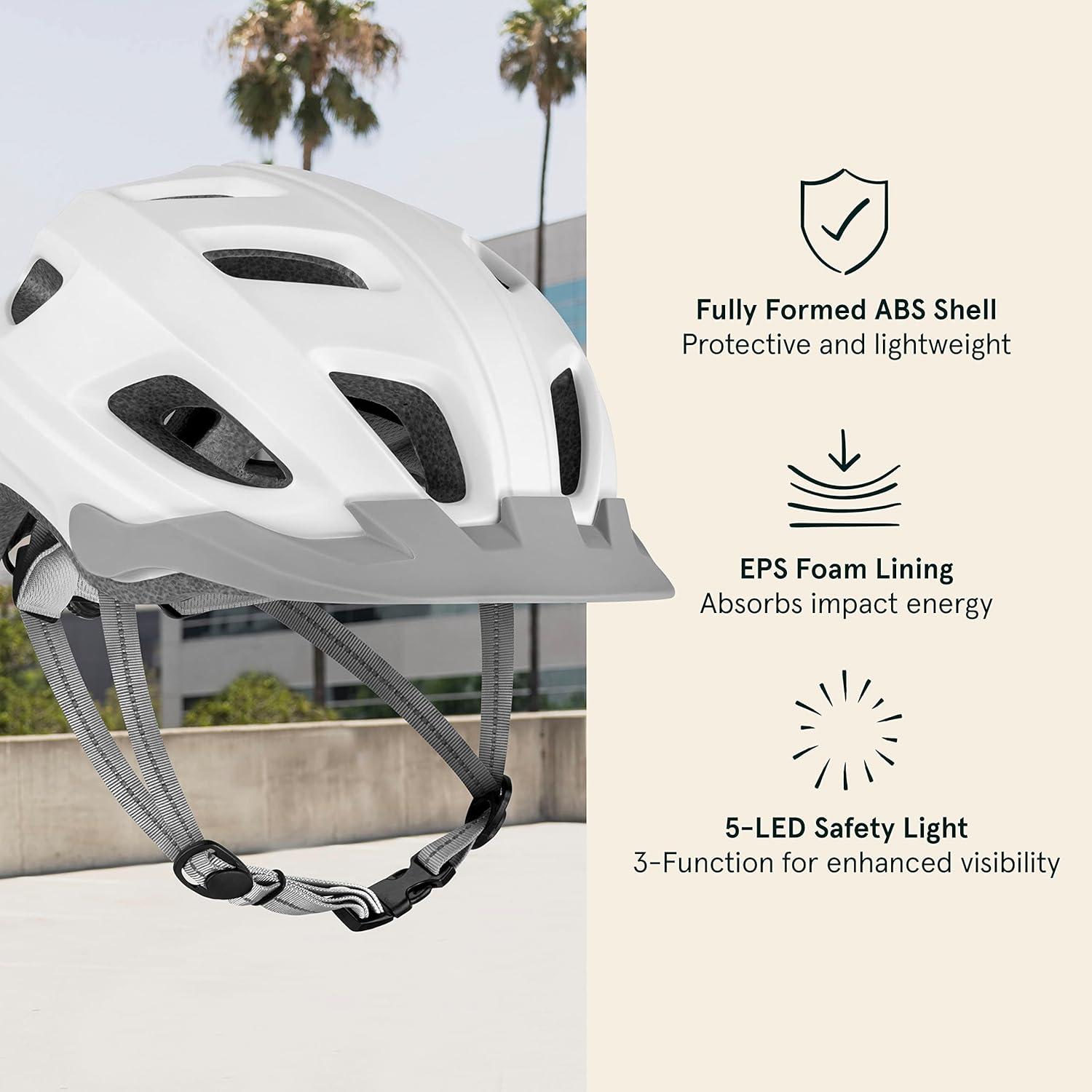 Retrospec Lennon Adult Bike Helmet with LED Safety Light Adjustable Dial & Removable Visor – Adjustable Bicycle Cycling Helmet for Men & Women(Matte White)